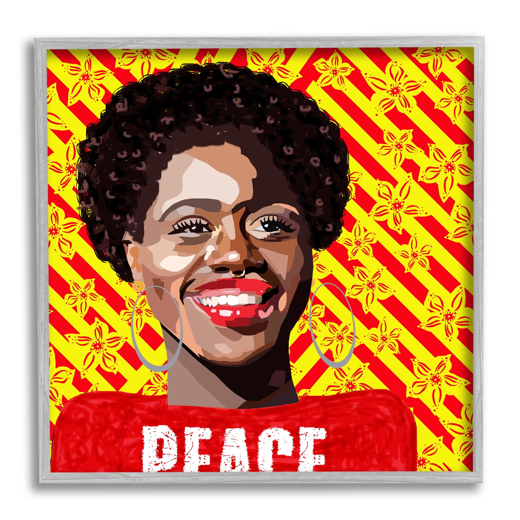 Stupell Industries Peace Text Smiling Woman Floral Red Stripes , 24 x 24, Design by Lynnda Rakos