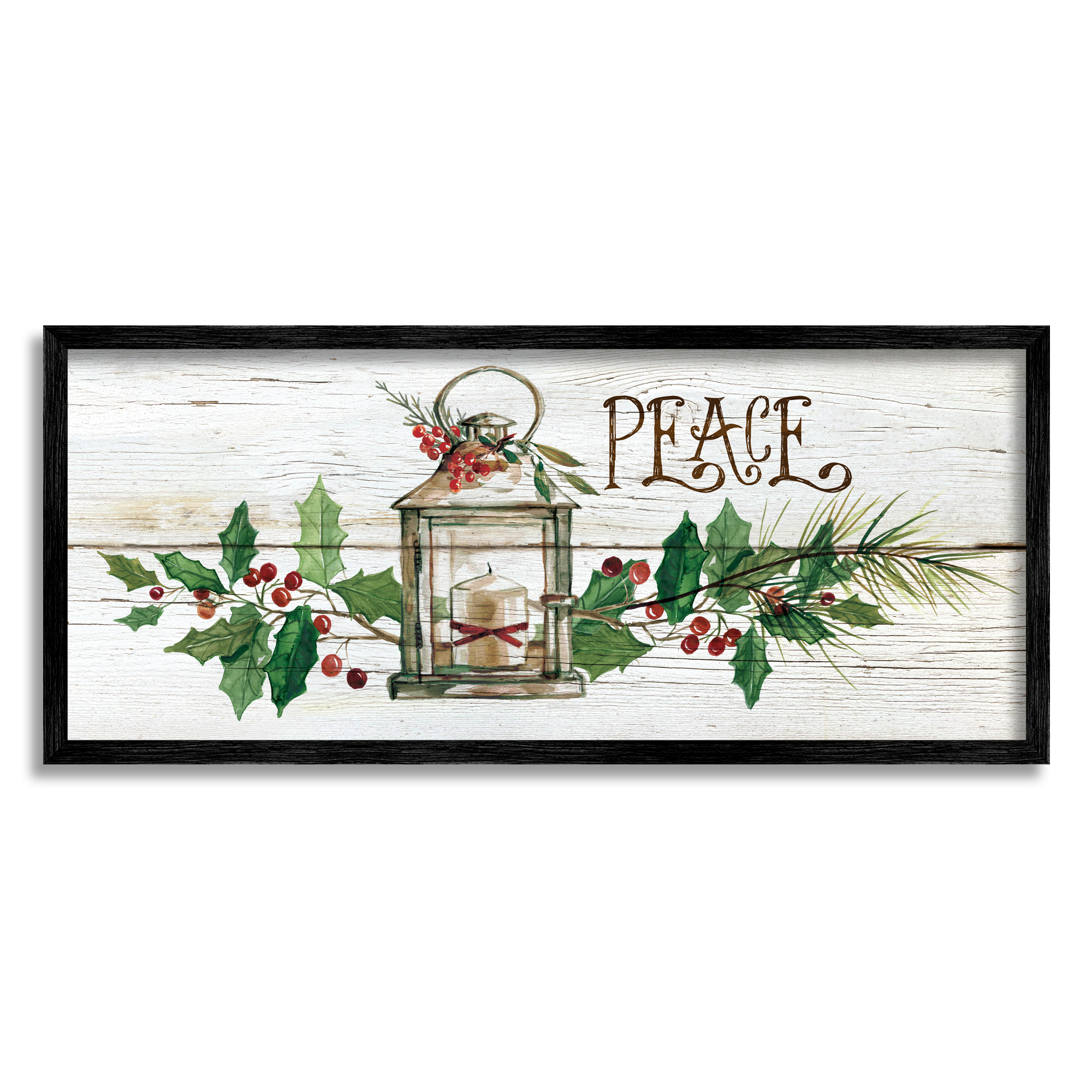 Stupell Industries Peace Winter Berries Holiday Painting Black Framed Art Print Wall Art, 30 x 13