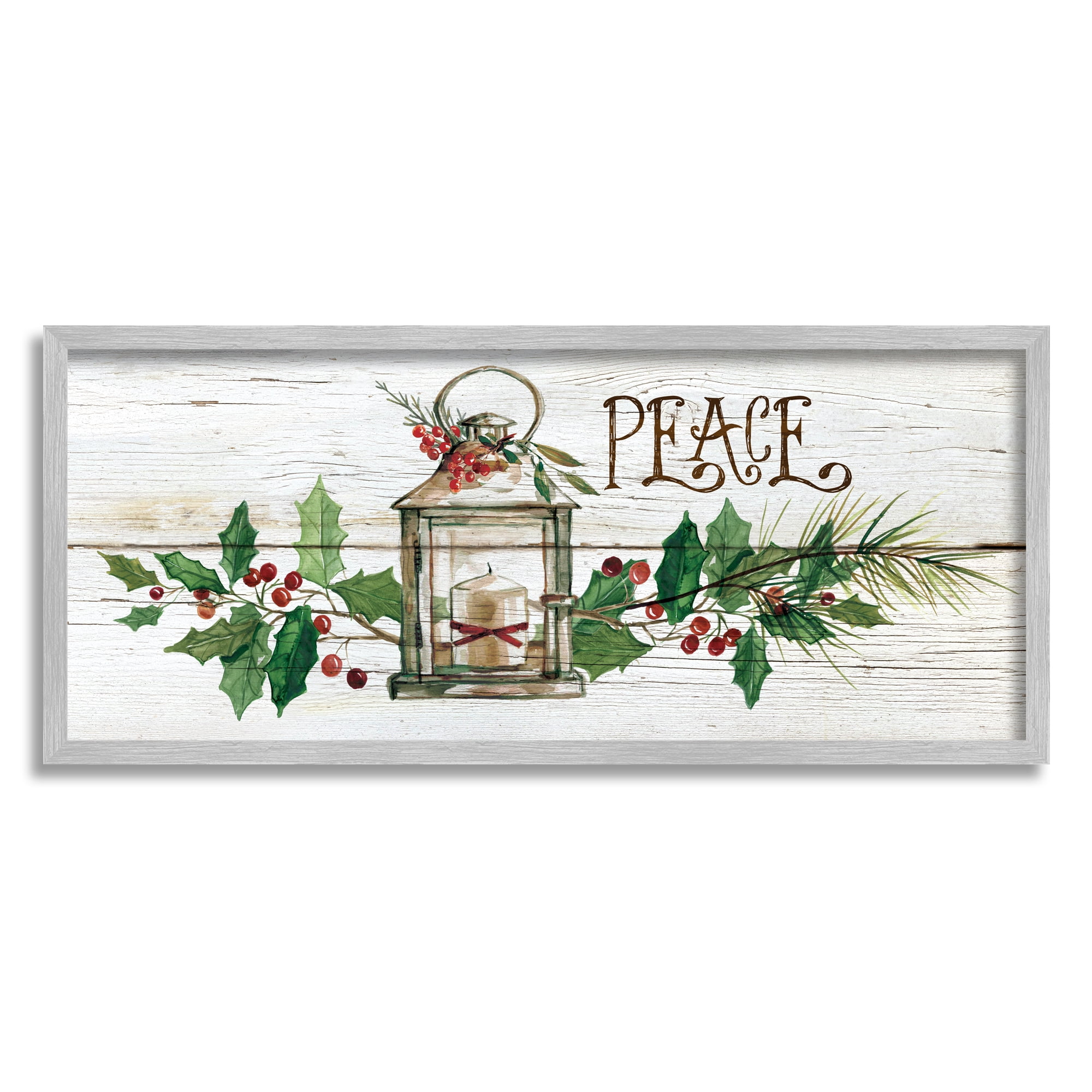 Stupell Industries Peace Winter Berries Holiday Painting Gray Framed Art Print Wall Art, 24 x 10
