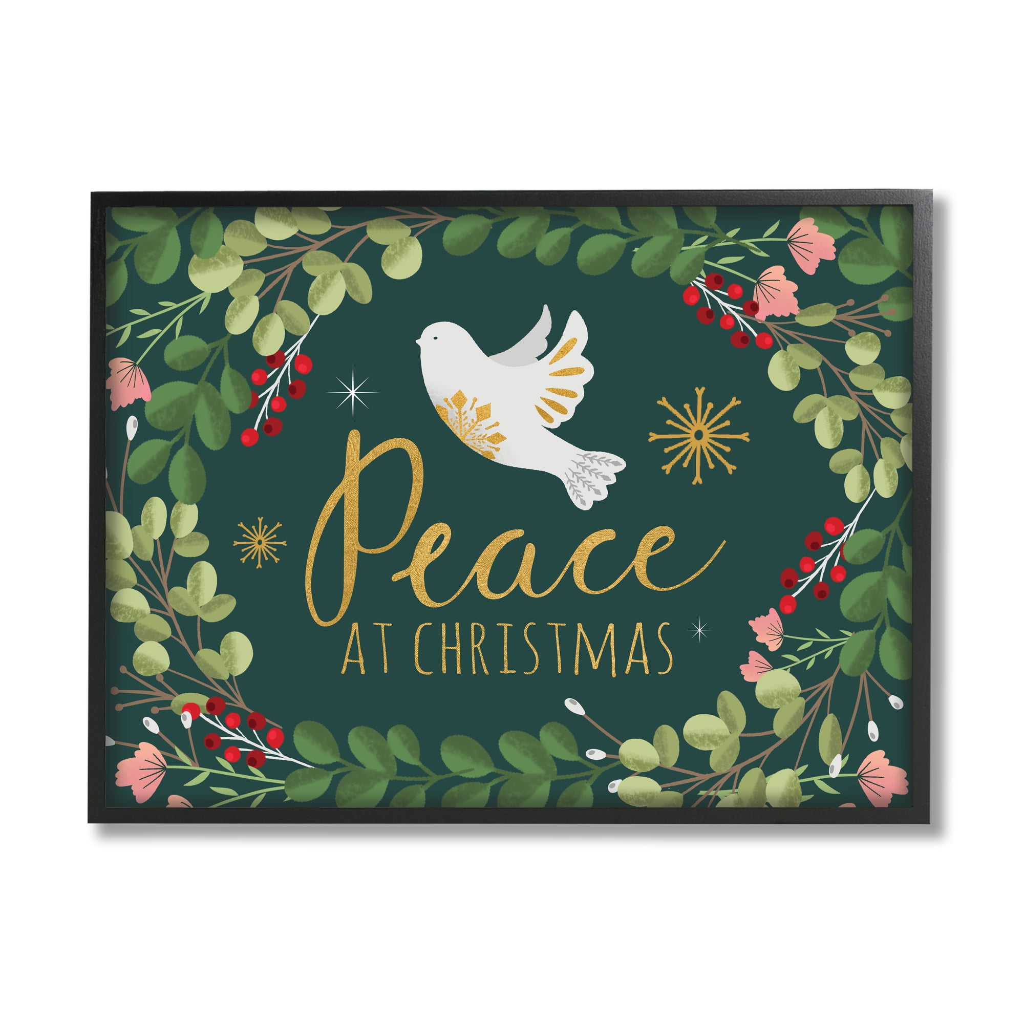 Stupell Industries Peace at Christmas Phrase White Dove Holiday Holly Botanical & Floral Painting Black Framed Art Print Wall Art, 16 x 20