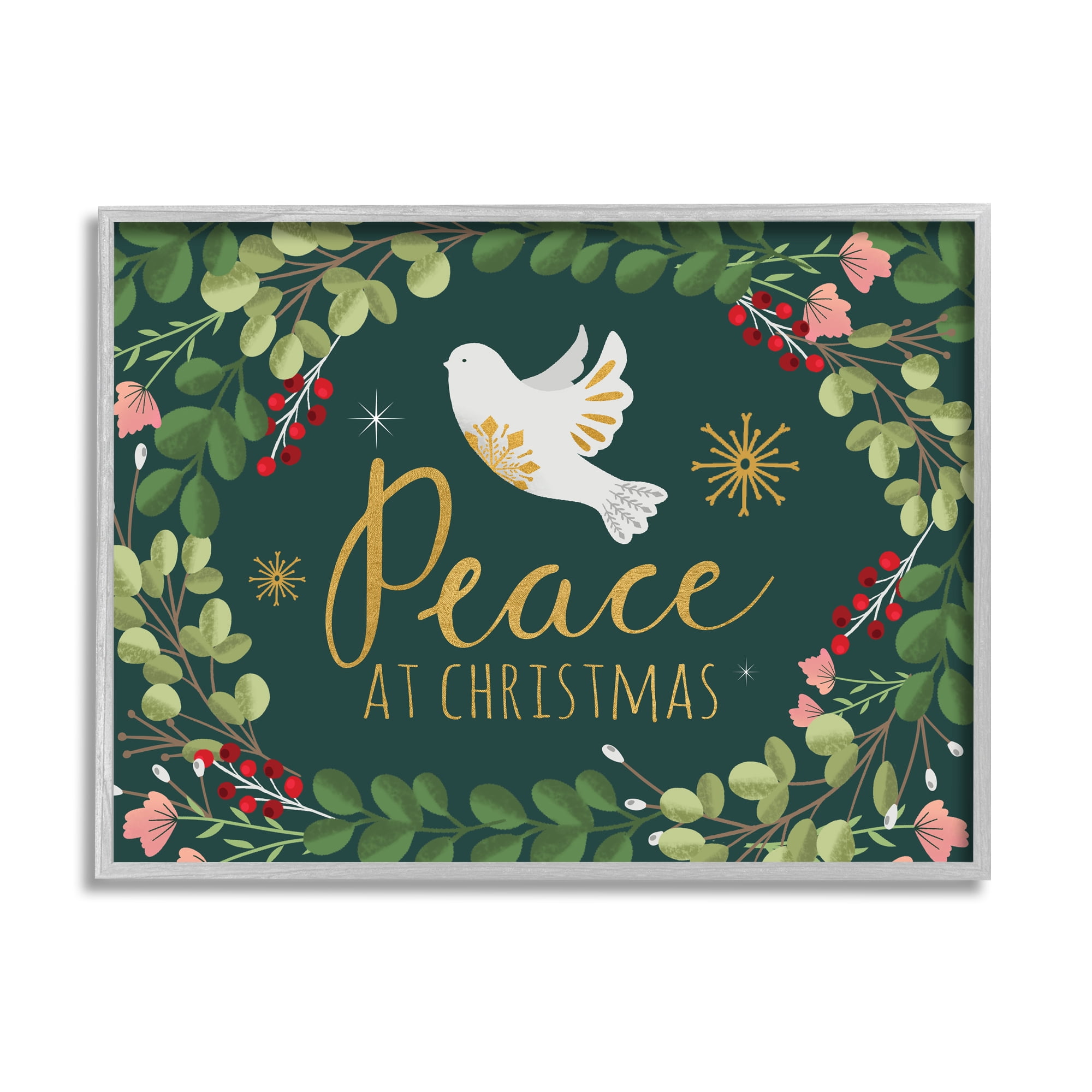 Stupell Industries Peace at Christmas Phrase White Dove Holiday Holly Botanical & Floral Painting Gray Framed Art Print Wall Art, 16 x 20