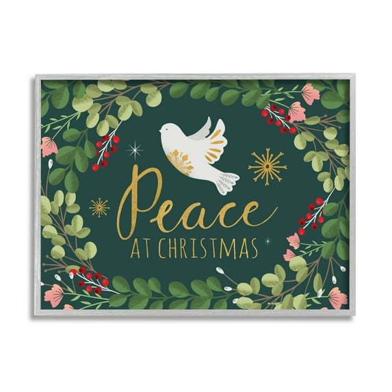 Stupell Industries Peace at Christmas Phrase White Dove Holiday Holly Botanical & Floral Painting Gray Framed Art Print Wall Art, 24 x 30