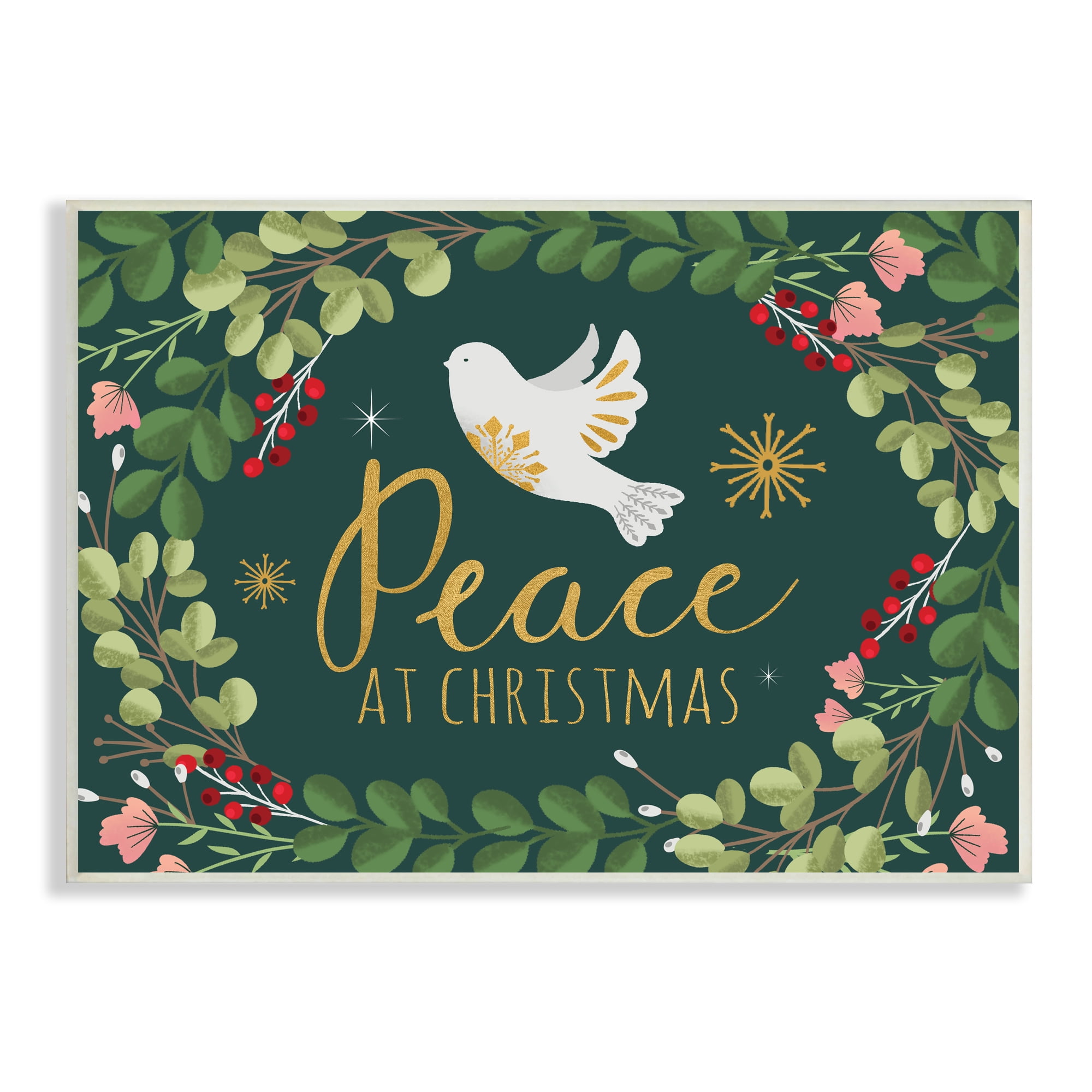 Stupell Industries Peace at Christmas Phrase White Dove Holiday Holly Botanical & Floral Painting Unframed Art Print Wall Art, 10 x 15