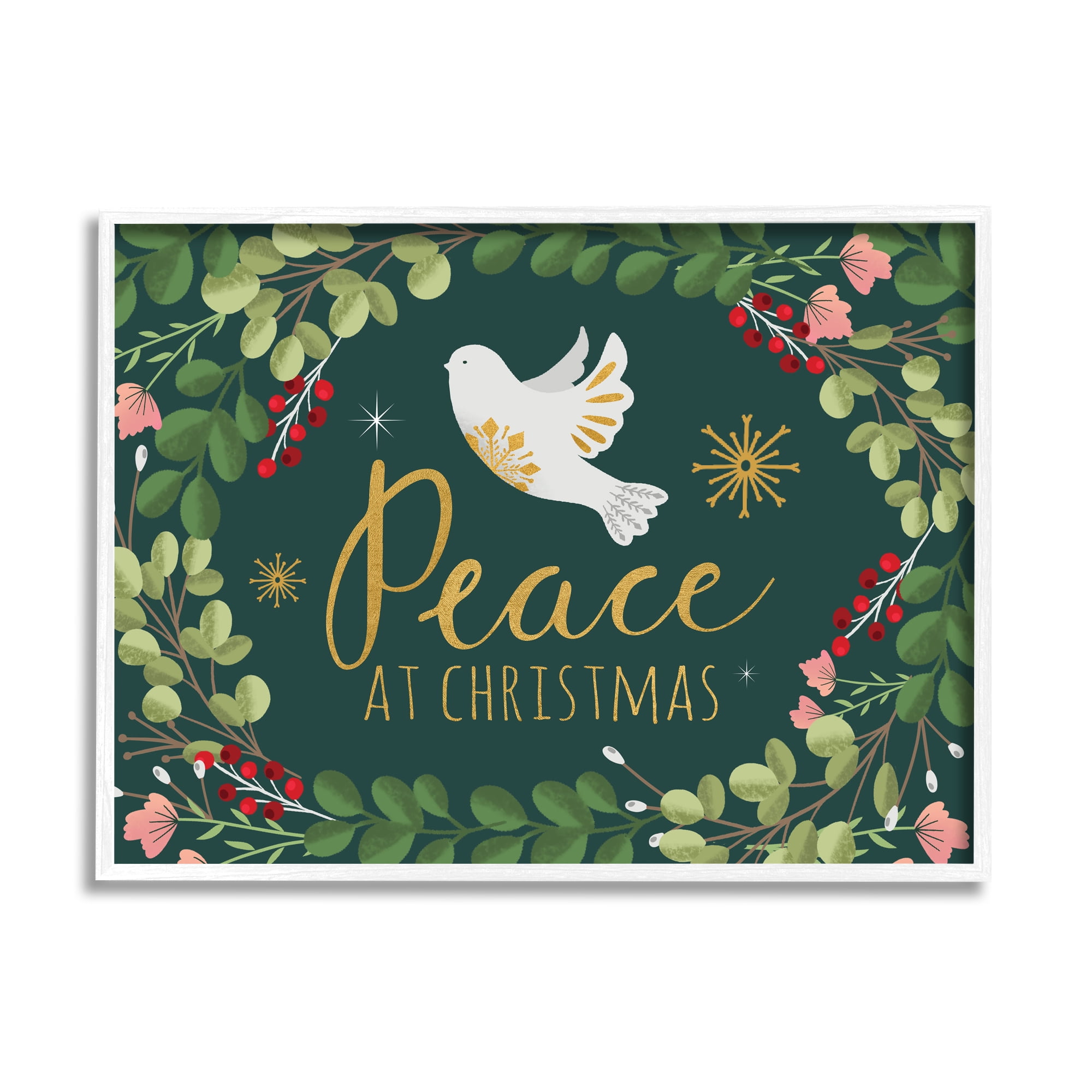 Stupell Industries Peace at Christmas Phrase White Dove Holiday Holly Botanical & Floral Painting White Framed Art Print Wall Art, 16 x 20