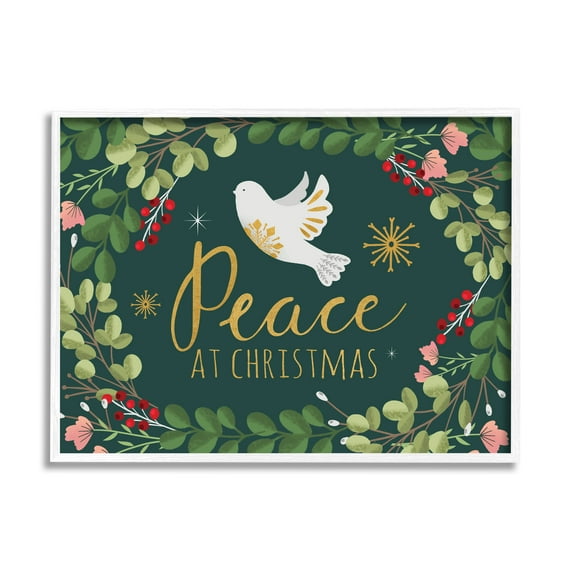 Stupell Industries Peace at Christmas Phrase White Dove Holiday Holly Botanical & Floral Painting White Framed Art Print Wall Art, 24 x 30