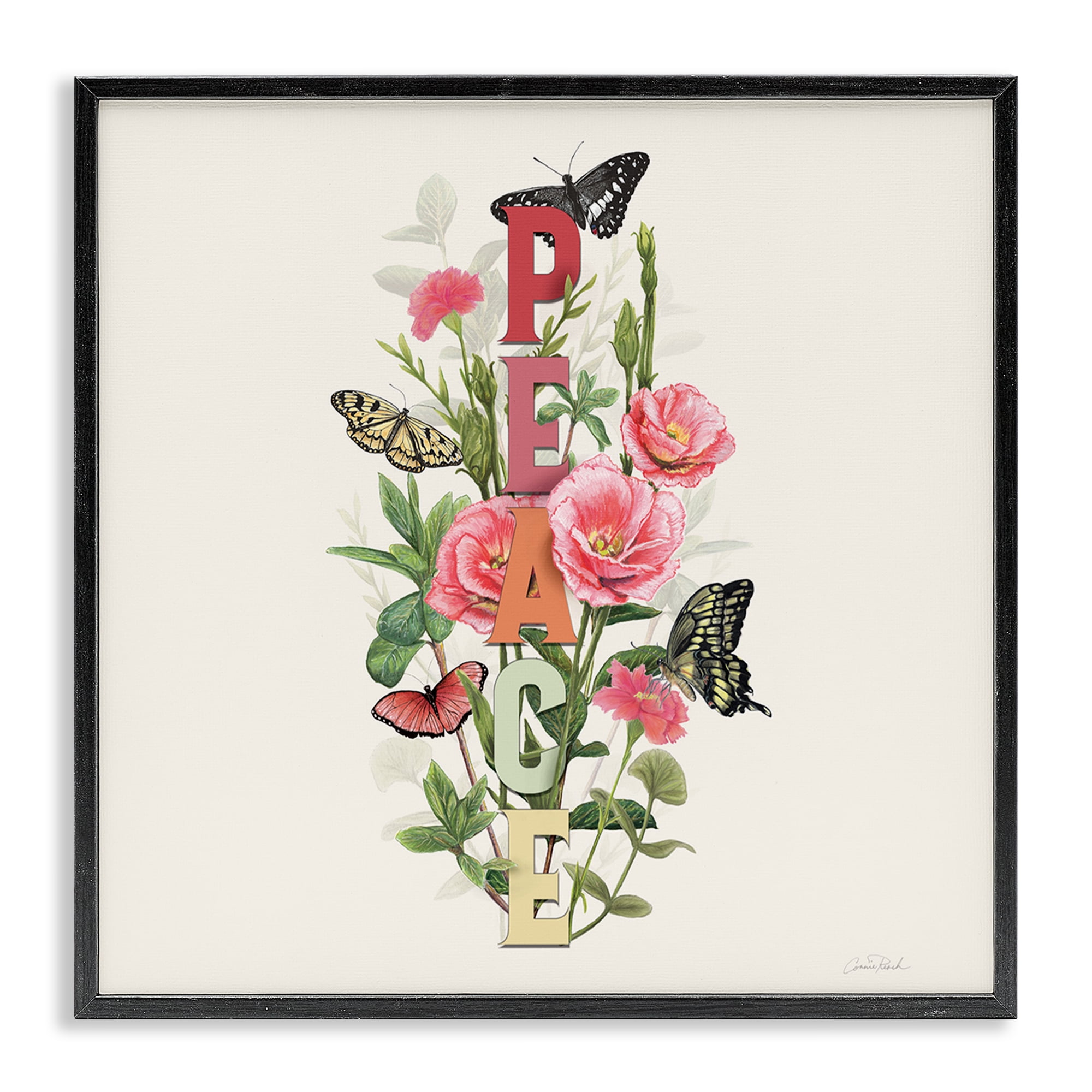 Stupell Industries Peace with Butterflies Botanical & Floral Painting Black Framed Art Print Wall Art, 12 x 12