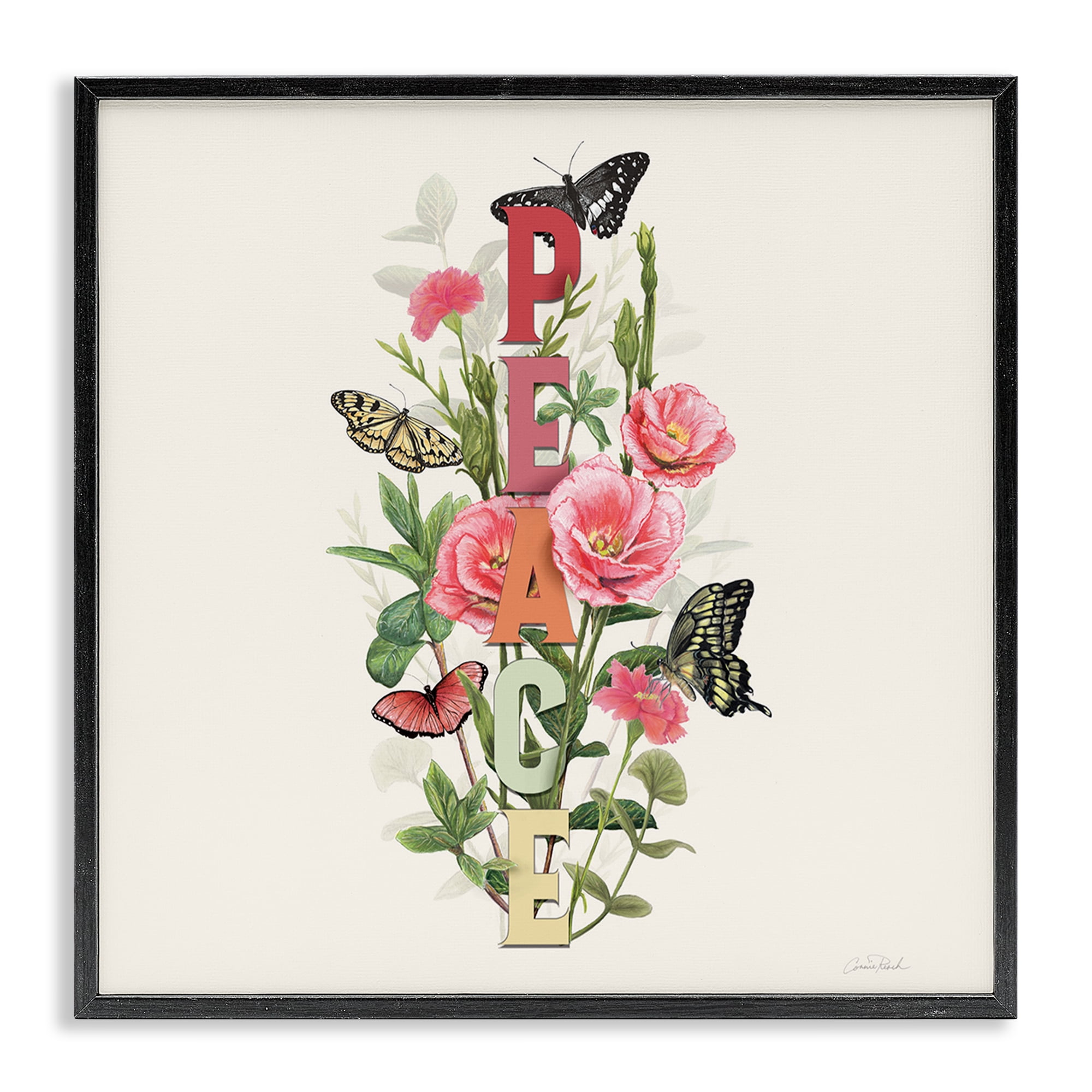 Stupell Industries Peace with Butterflies Botanical & Floral Painting Black Framed Art Print Wall Art, 24 x 24