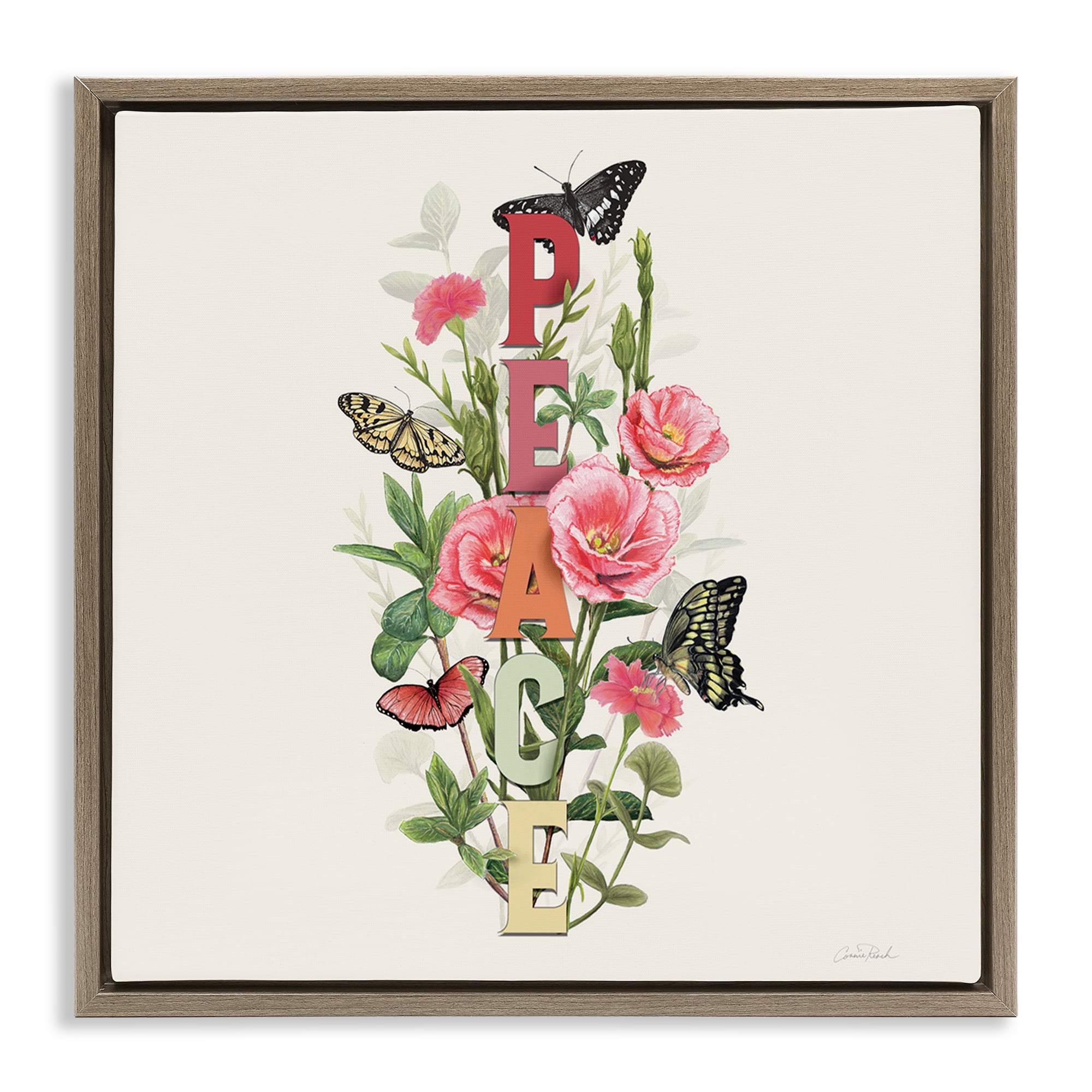 Stupell Industries Peace with Butterflies Botanical & Floral Painting Brown Floater Framed Canvas Art Print Wall Art, 25 x 25