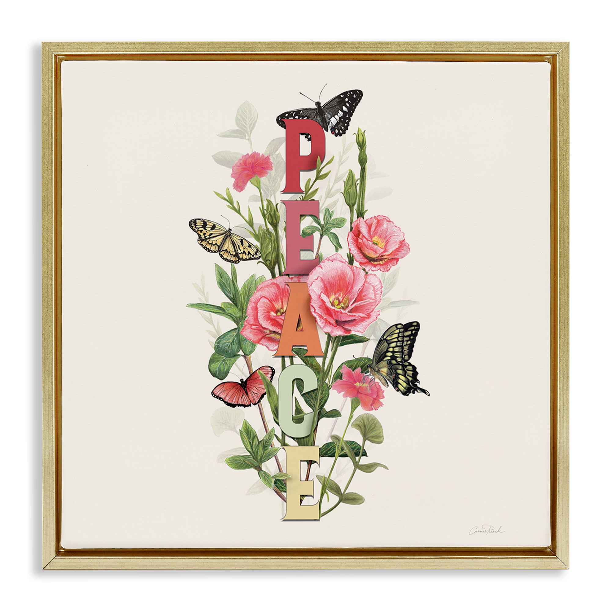 Stupell Industries Peace with Butterflies Botanical & Floral Painting Gold Floater Framed Canvas Art Print Wall Art, 25 x 25