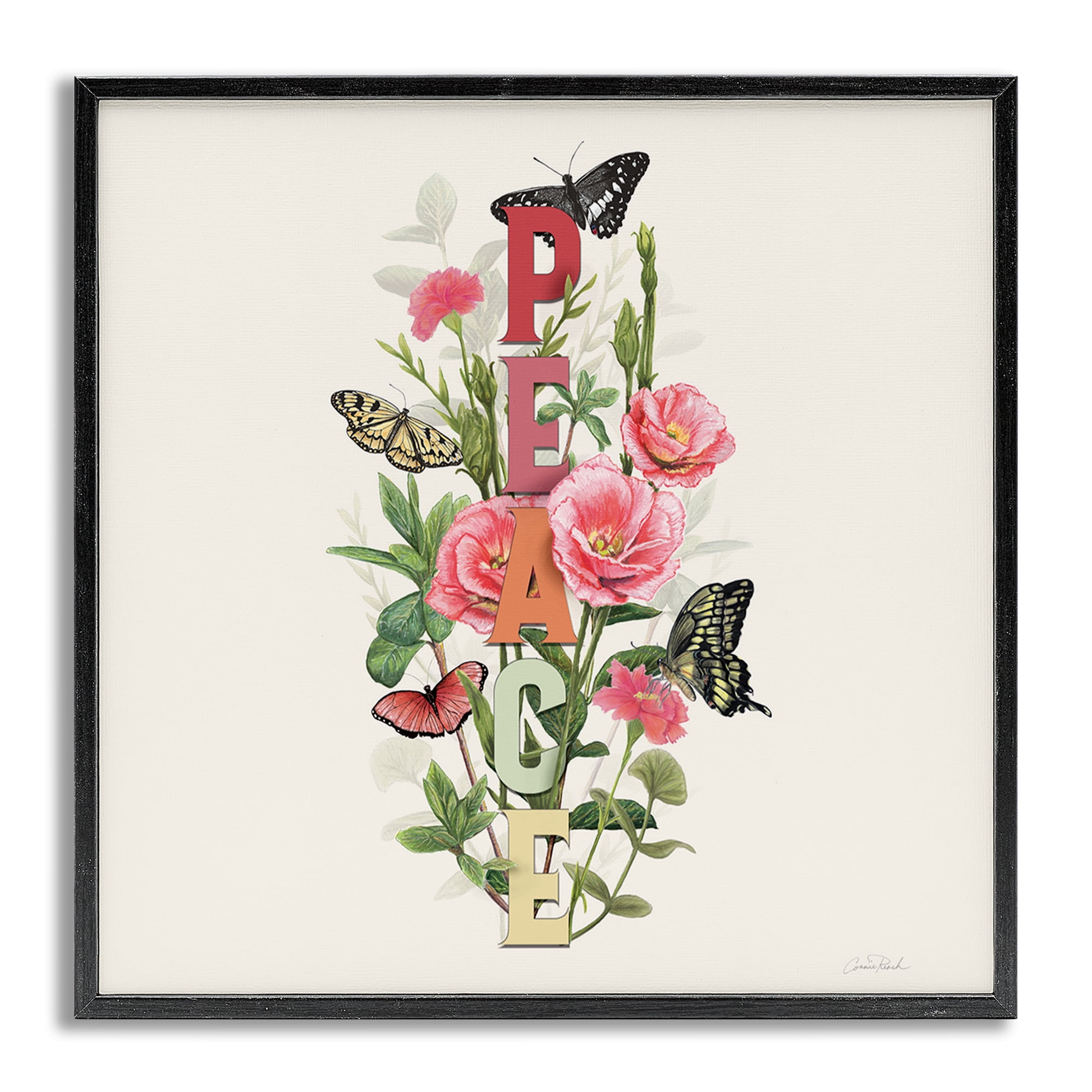 Stupell Industries Peace with Butterflies Botanical & Floral Painting Gray Framed Art Print Wall Art, 24 x 24