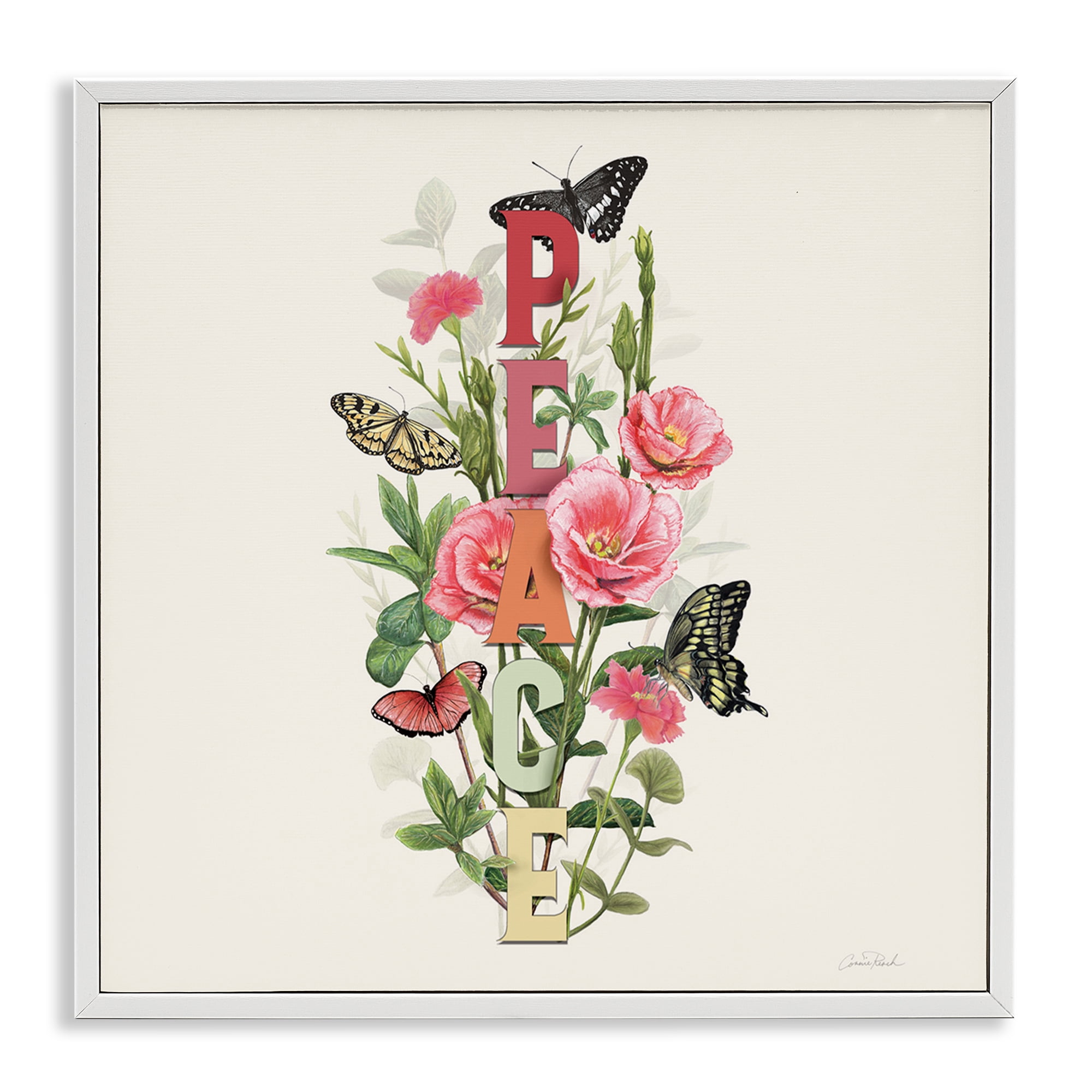 Stupell Industries Peace with Butterflies Botanical & Floral Painting White Framed Art Print Wall Art, 12 x 12