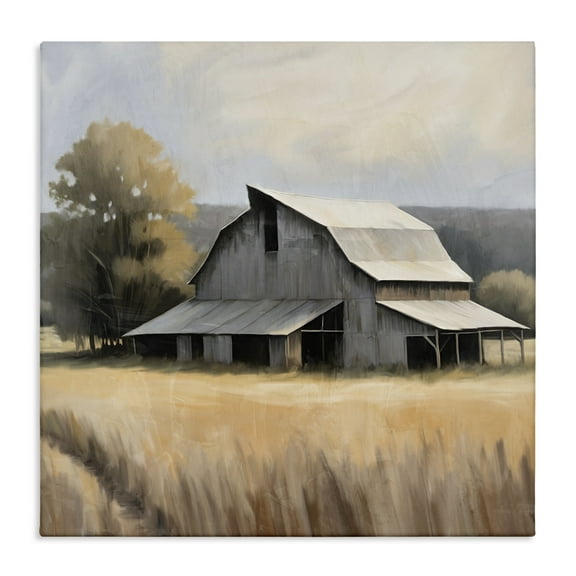 Stupell Industries Peaceful Barn in Field Landscape Painting Gallery Wrapped Canvas Art Print Wall Art, 17 x 17
