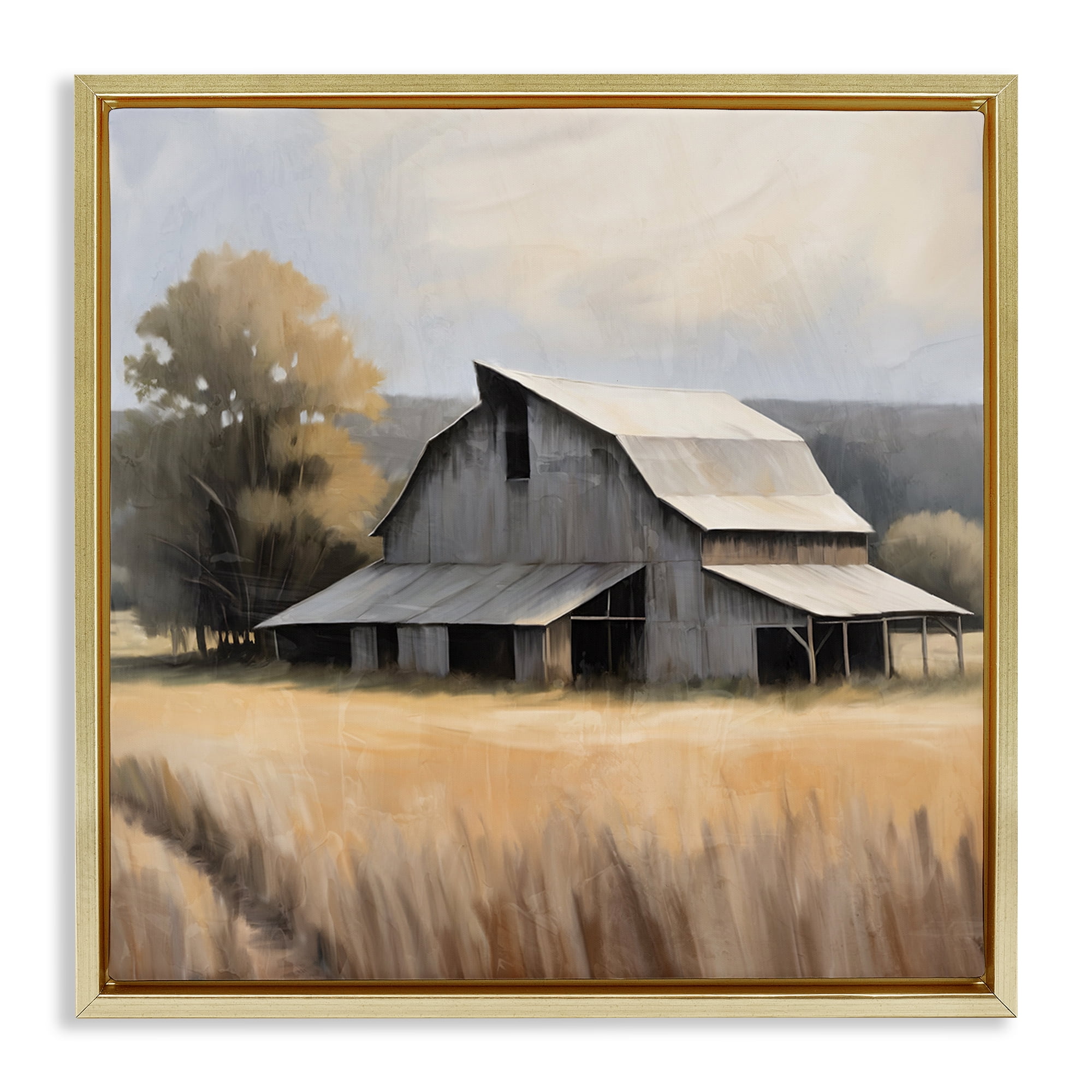 Stupell Industries Peaceful Barn in Field Landscape Painting Gold Floater Framed Canvas Art Print Wall Art, 18 x 18