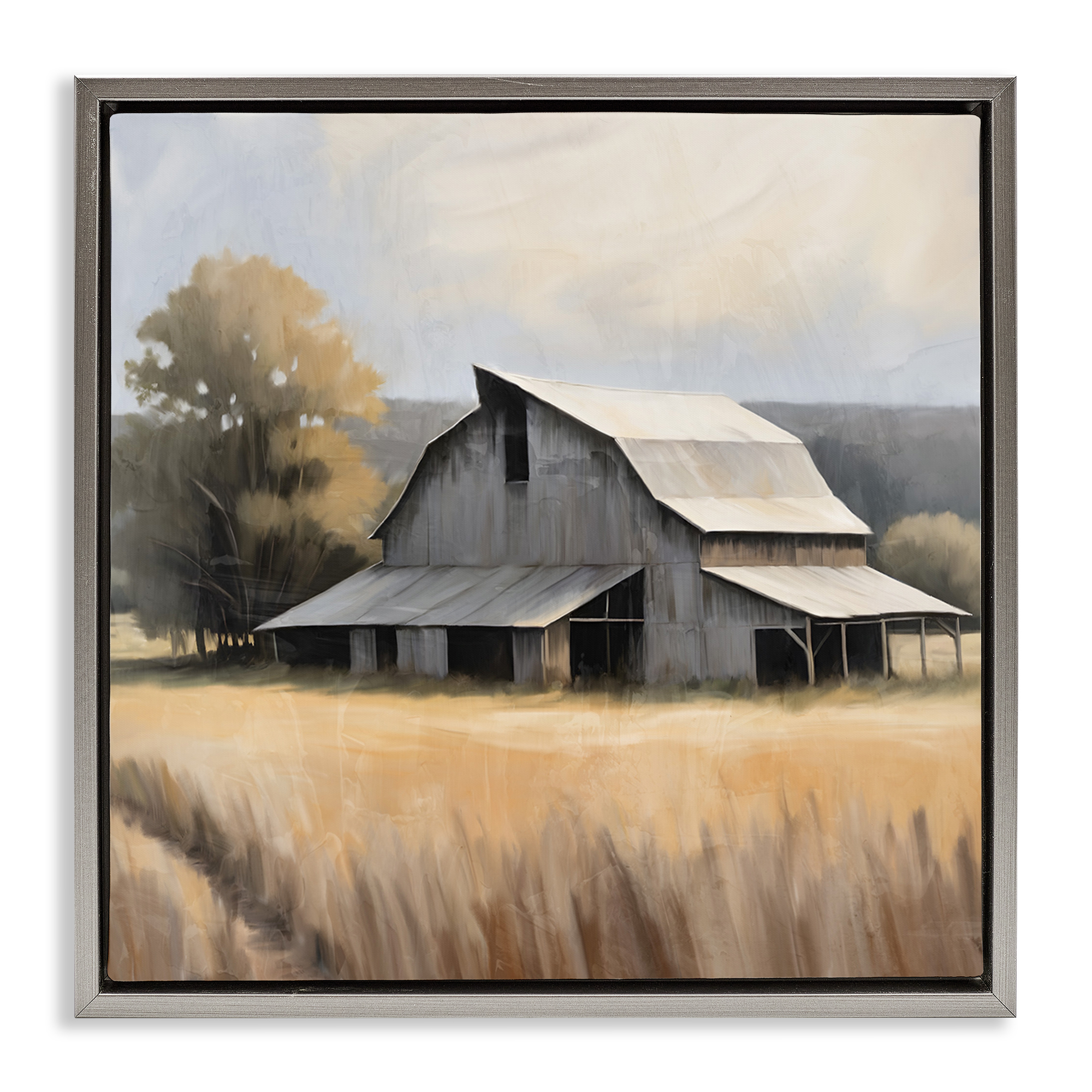 Stupell Industries Peaceful Barn in Field Landscape Painting Gray Floater Framed Canvas Art Print Wall Art, 25 x 25