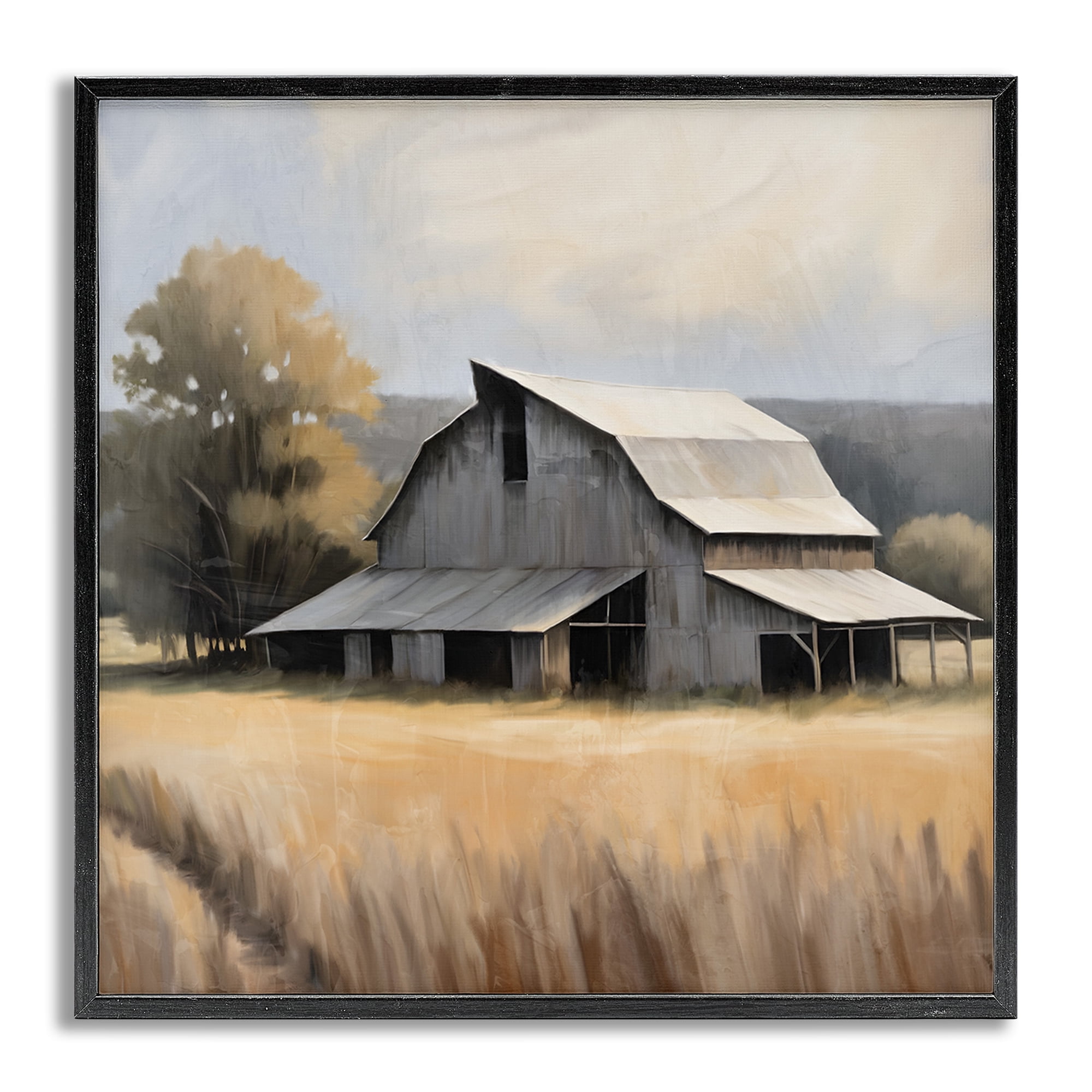 Stupell Industries Peaceful Barn in Field Landscape Painting Gray Framed Art Print Wall Art, 12 x 12