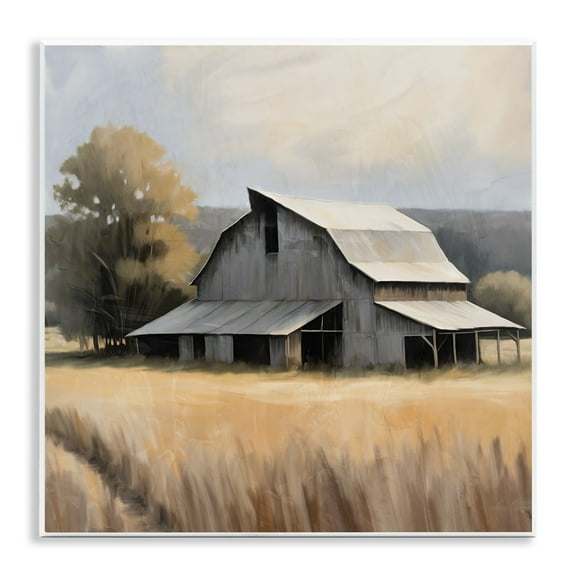 Stupell Industries Peaceful Barn in Field Landscape Painting Unframed Art Print Wall Art, 12 x 12