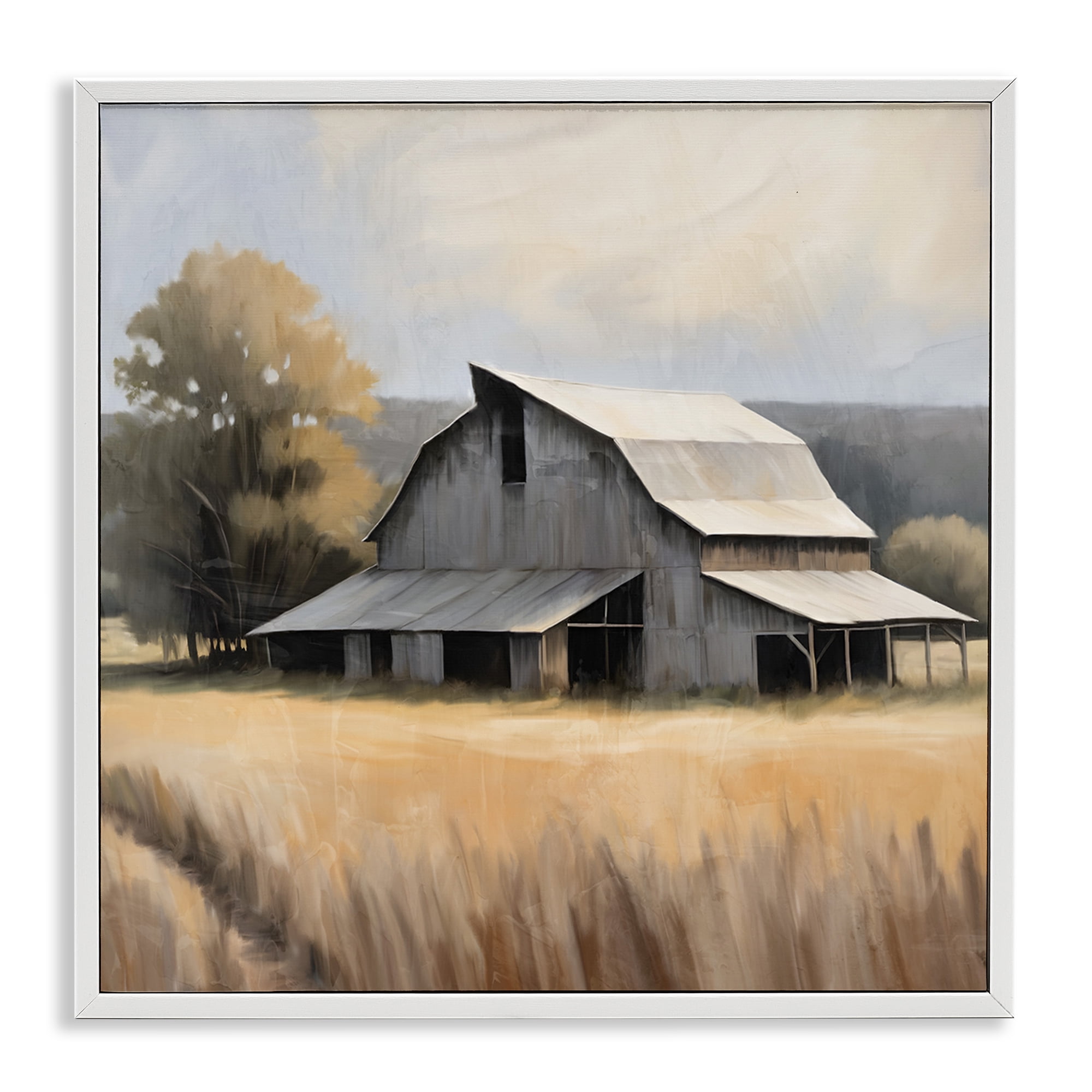 Stupell Industries Peaceful Barn in Field Landscape Painting White Framed Art Print Wall Art, 17 x 17