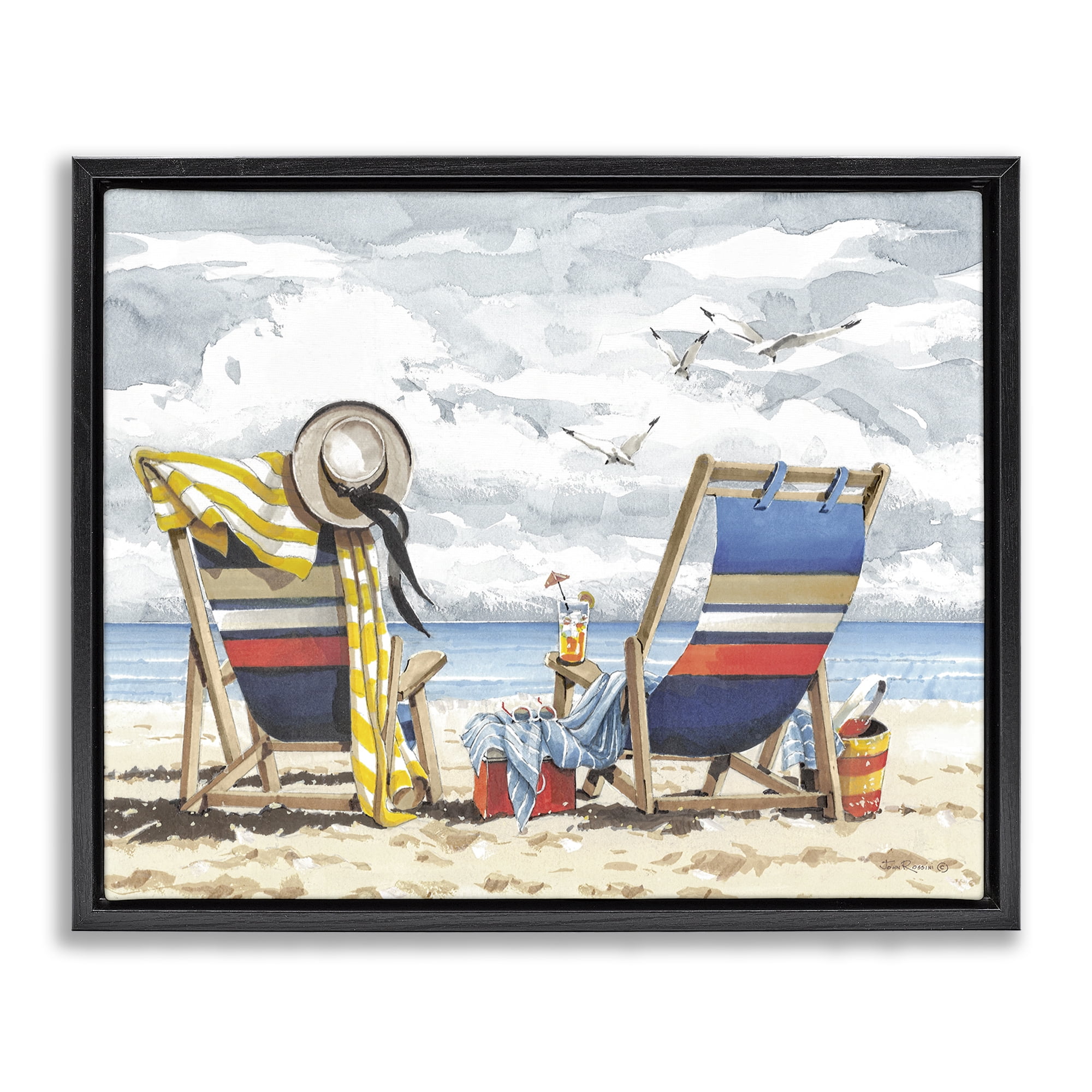 Stupell Industries Peaceful Beach Chairs Hangout Landscape & Nature Painting Black Floater Framed Canvas Art Print Wall Art, 31 x 25