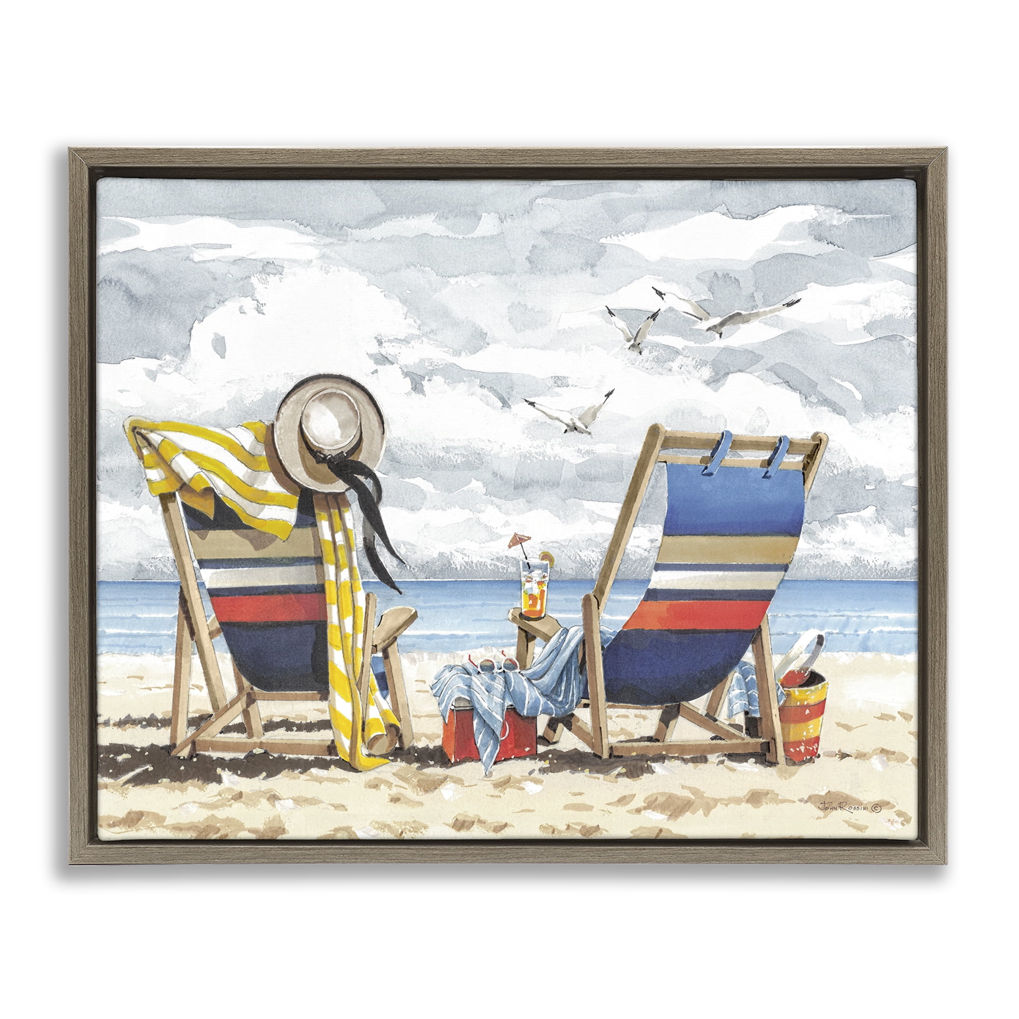 Stupell Industries Peaceful Beach Chairs Hangout Landscape & Nature Painting Brown Floater Framed Canvas Art Print Wall Art, 31 x 25