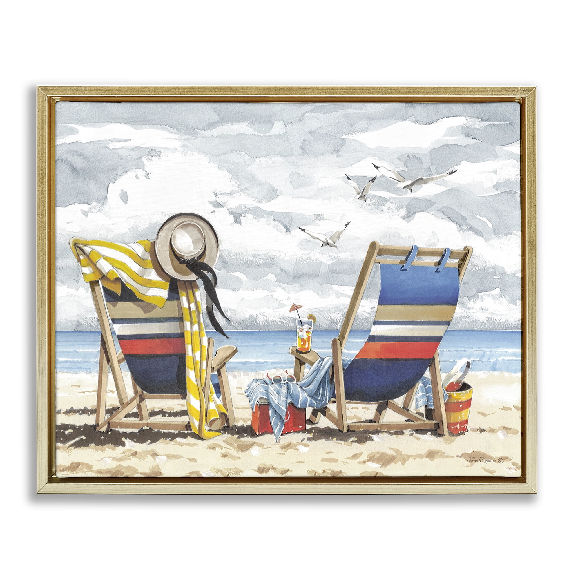 Stupell Industries Peaceful Beach Chairs Hangout Landscape & Nature Painting Gold Floater Framed Canvas Art Print Wall Art, 31 x 25