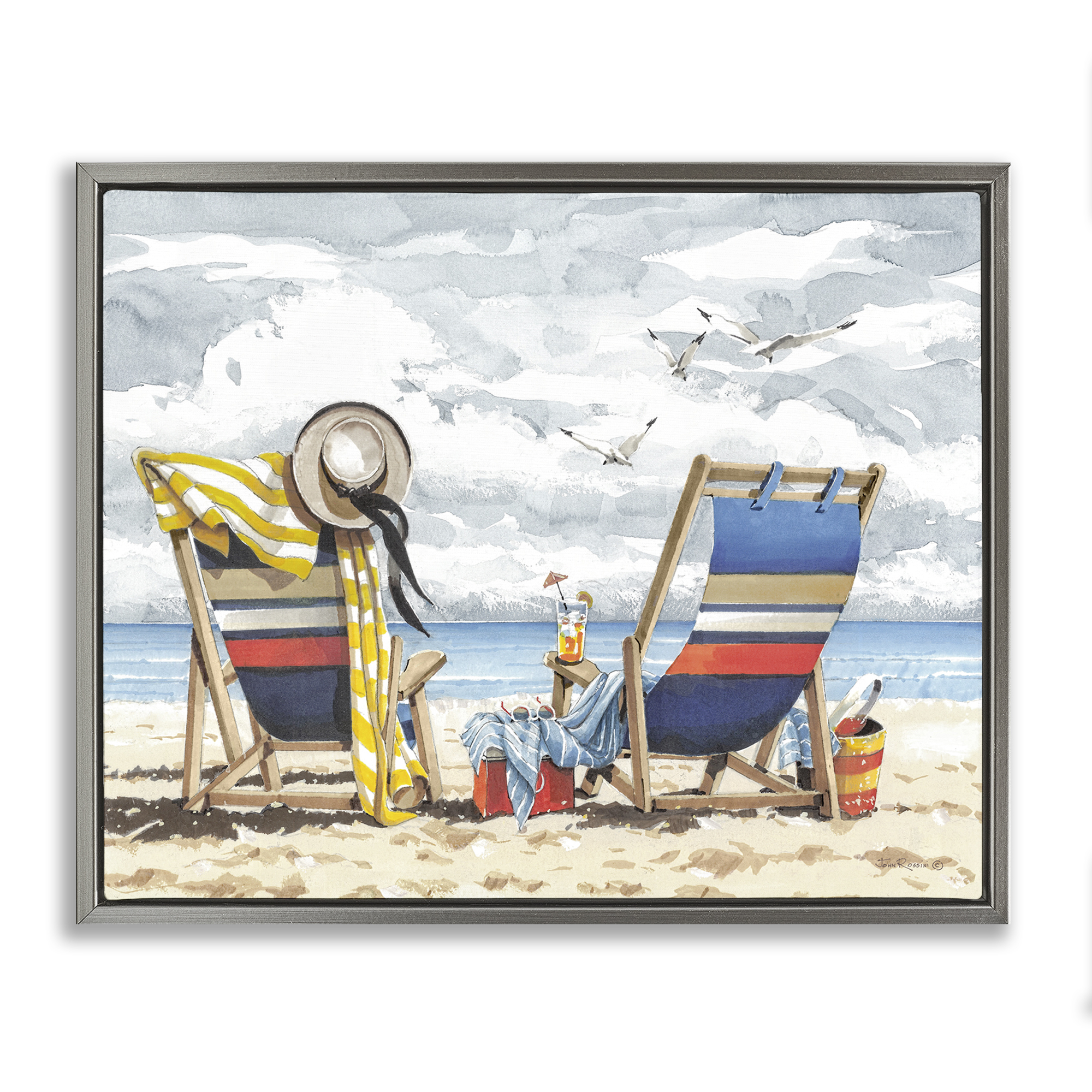 Stupell Industries Peaceful Beach Chairs Hangout Landscape & Nature Painting Gray Floater Framed Canvas Art Print Wall Art, 21 x 17
