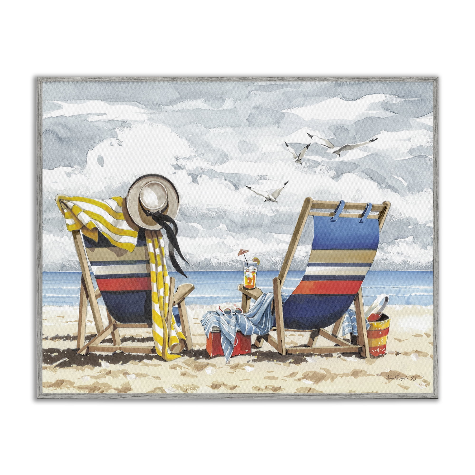 Stupell Industries Peaceful Beach Chairs Hangout Landscape & Nature Painting Gray Framed Art Print Wall Art, 14 x 11