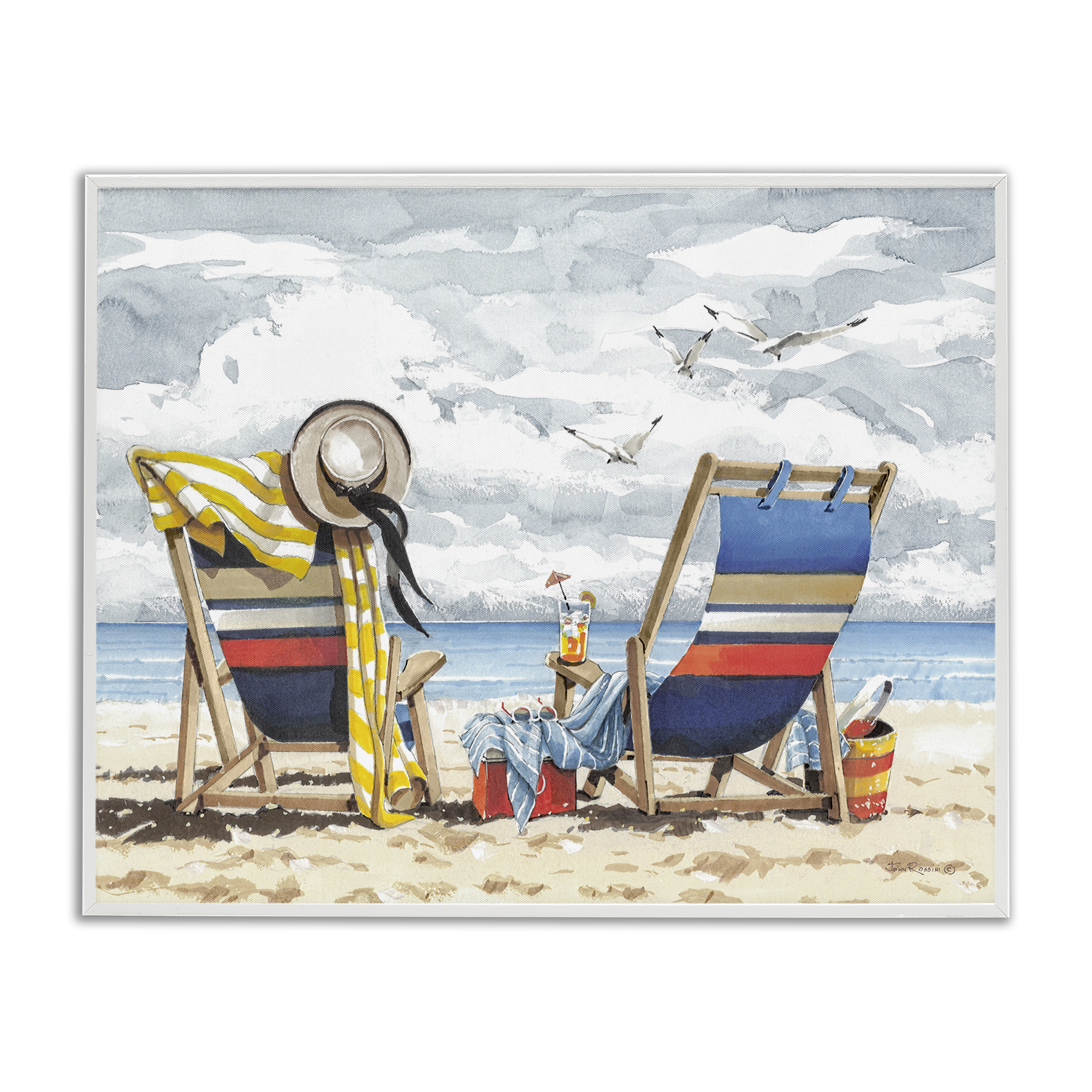 Stupell Industries Peaceful Beach Chairs Hangout Landscape & Nature Painting White Framed Art Print Wall Art, 20 x 16