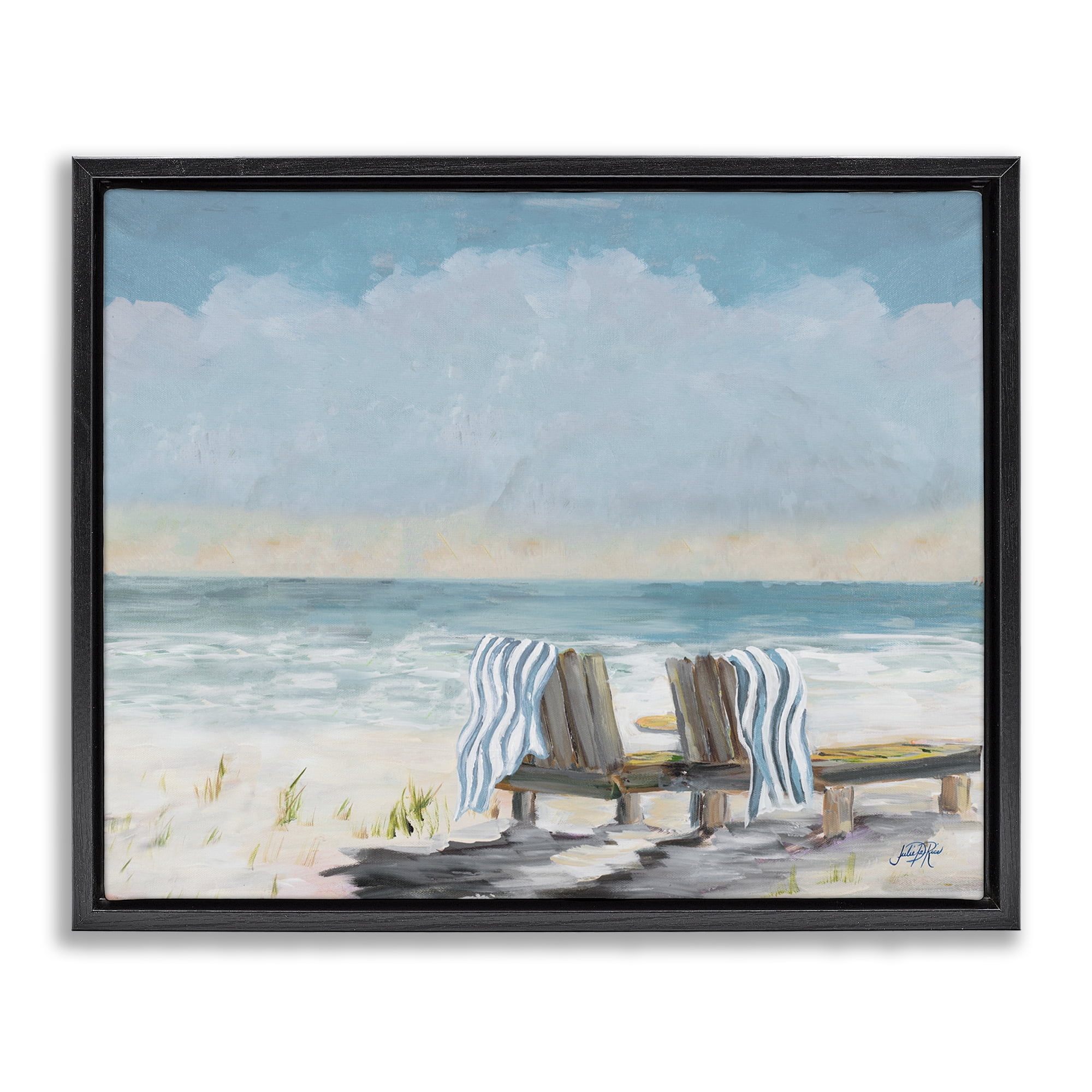 Stupell Industries Peaceful Beach Chairs Landscape Painting Black Floater Framed Canvas Art Print Wall Art, 31 x 25