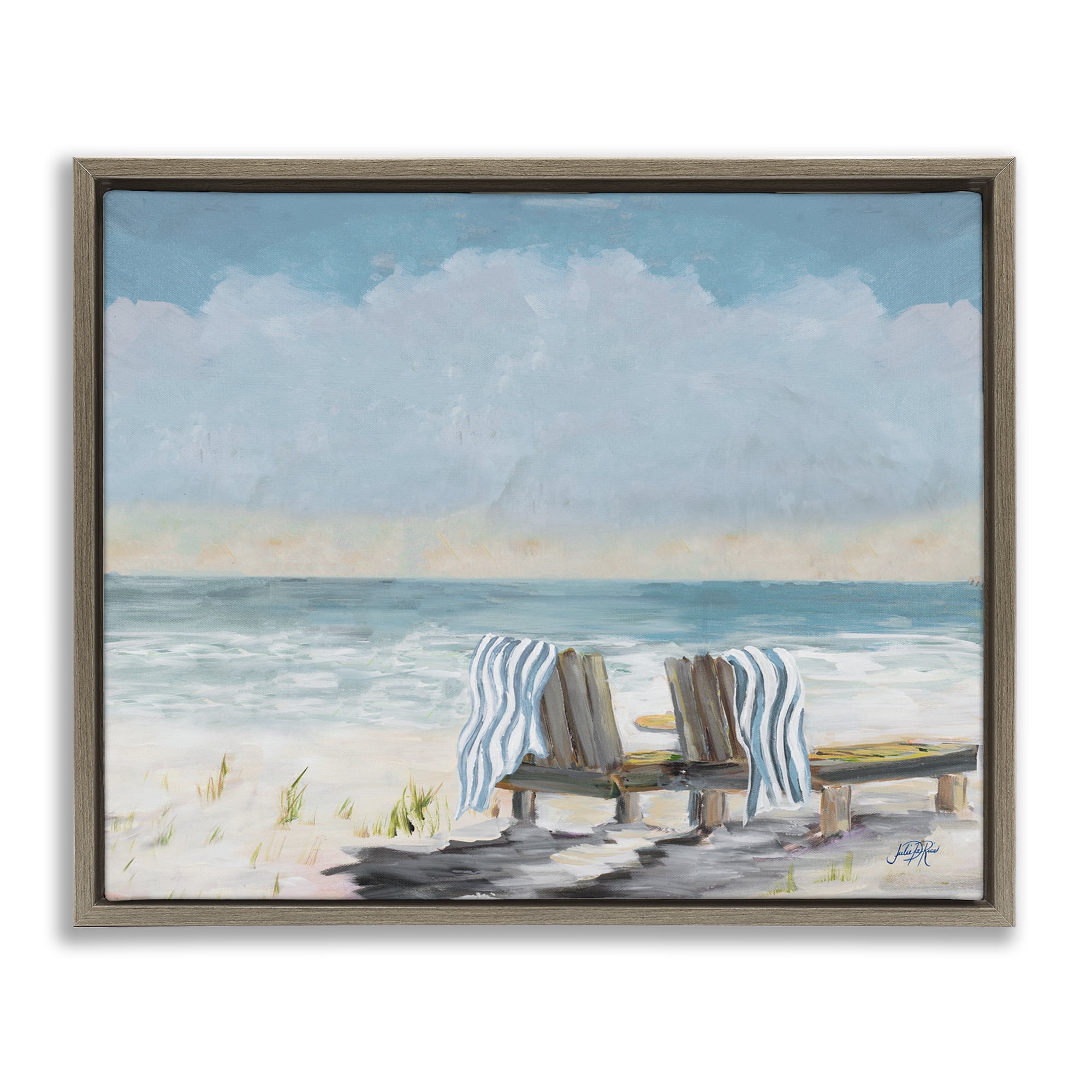 Stupell Industries Peaceful Beach Chairs Landscape Painting Brown Floater Framed Canvas Art Print Wall Art, 31 x 25