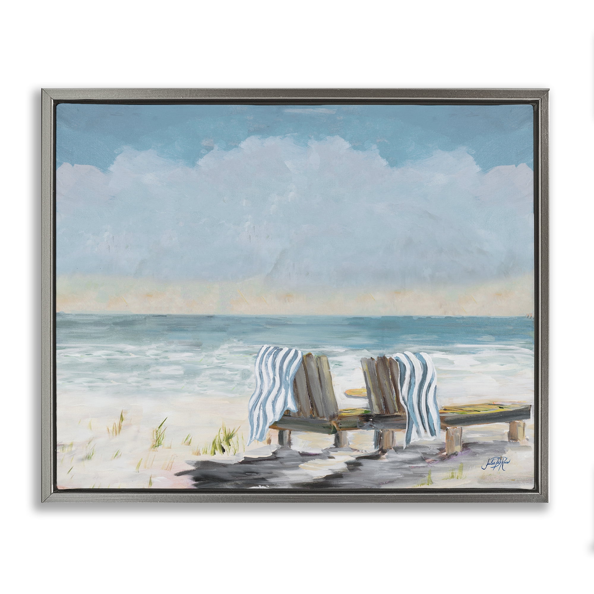 Stupell Industries Peaceful Beach Chairs Landscape Painting Gray Floater Framed Canvas Art Print Wall Art, 21 x 17