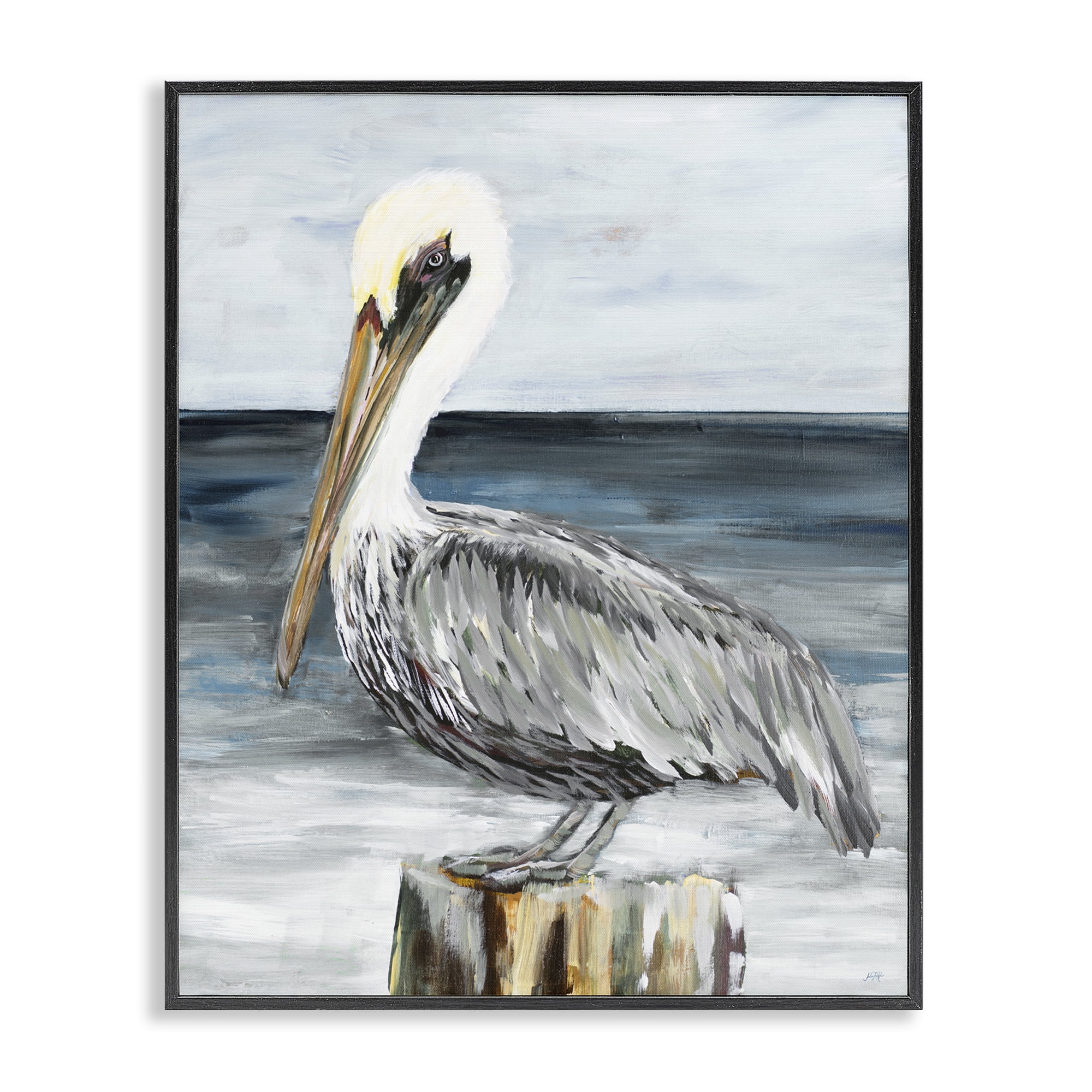 Stupell Industries Peaceful Beach Pelican Animals & Insects Painting Black Framed Art Print Wall Art, 24 x 30