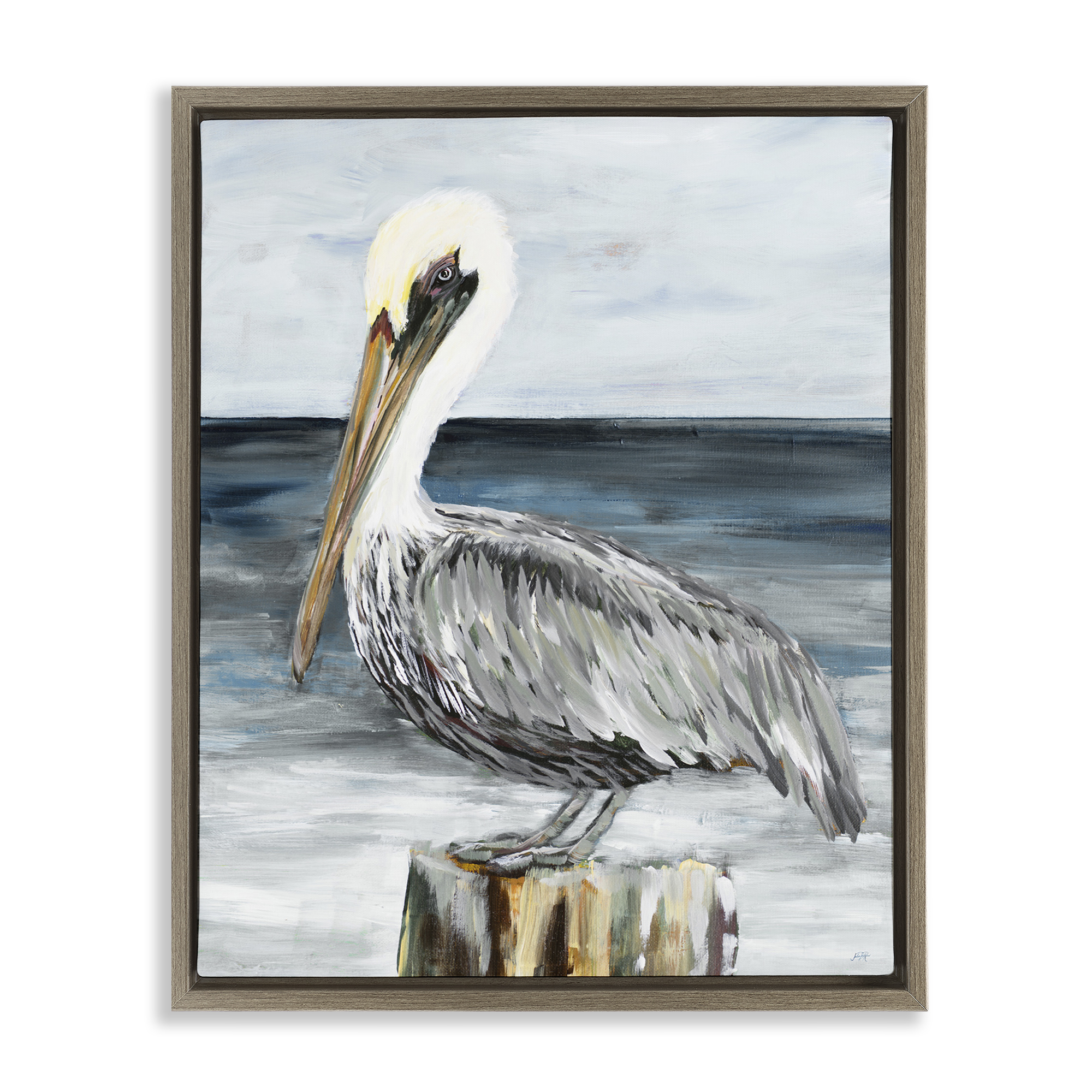 Stupell Industries Peaceful Beach Pelican Animals & Insects Painting Brown Floater Framed Canvas Art Print Wall Art, 17 x 21
