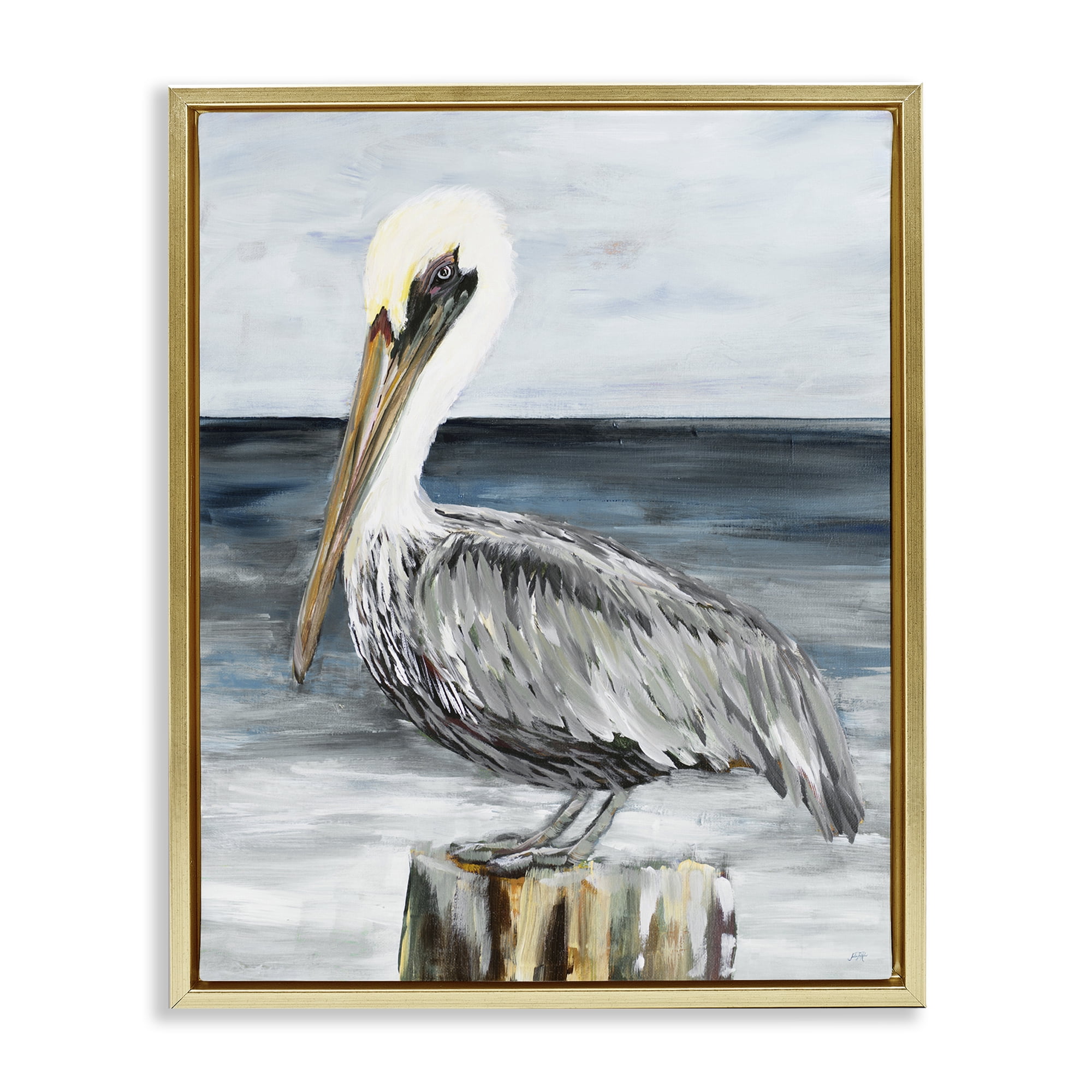 Stupell Industries Peaceful Beach Pelican Animals & Insects Painting Gold Floater Framed Canvas Art Print Wall Art, 25 x 31