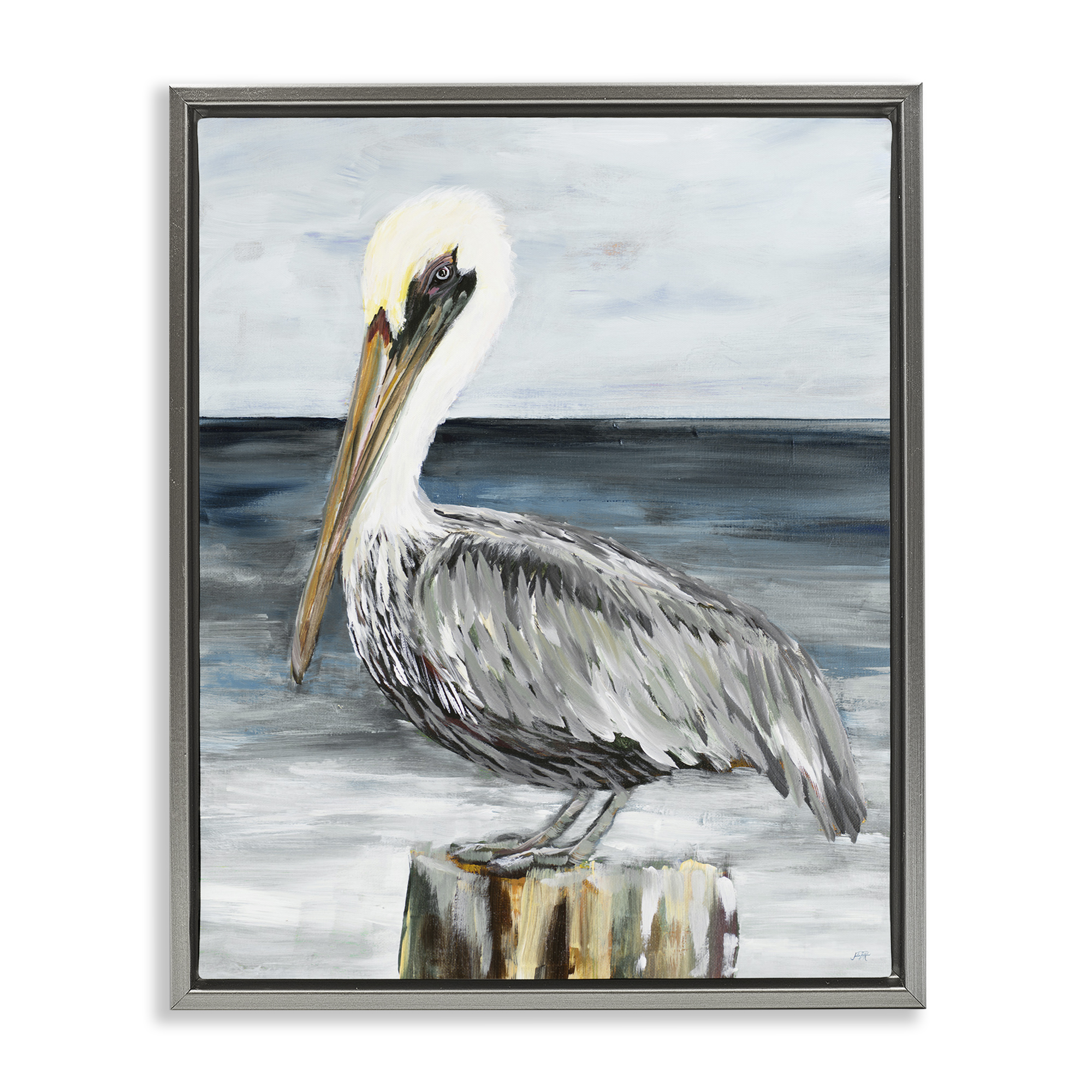 Stupell Industries Peaceful Beach Pelican Animals & Insects Painting Gray Floater Framed Canvas Art Print Wall Art, 25 x 31
