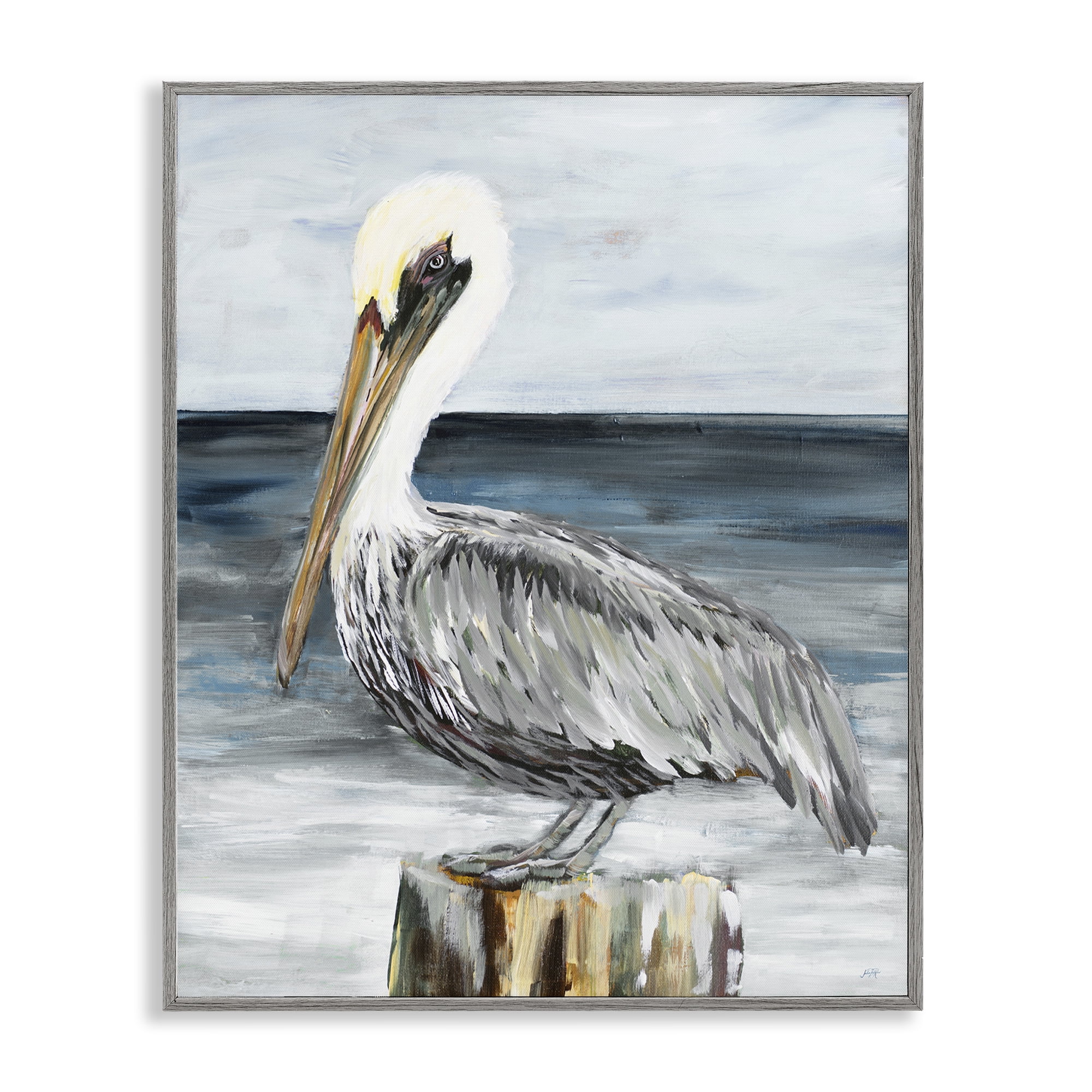 Stupell Industries Peaceful Beach Pelican Animals & Insects Painting Gray Framed Art Print Wall Art, 11 x 14