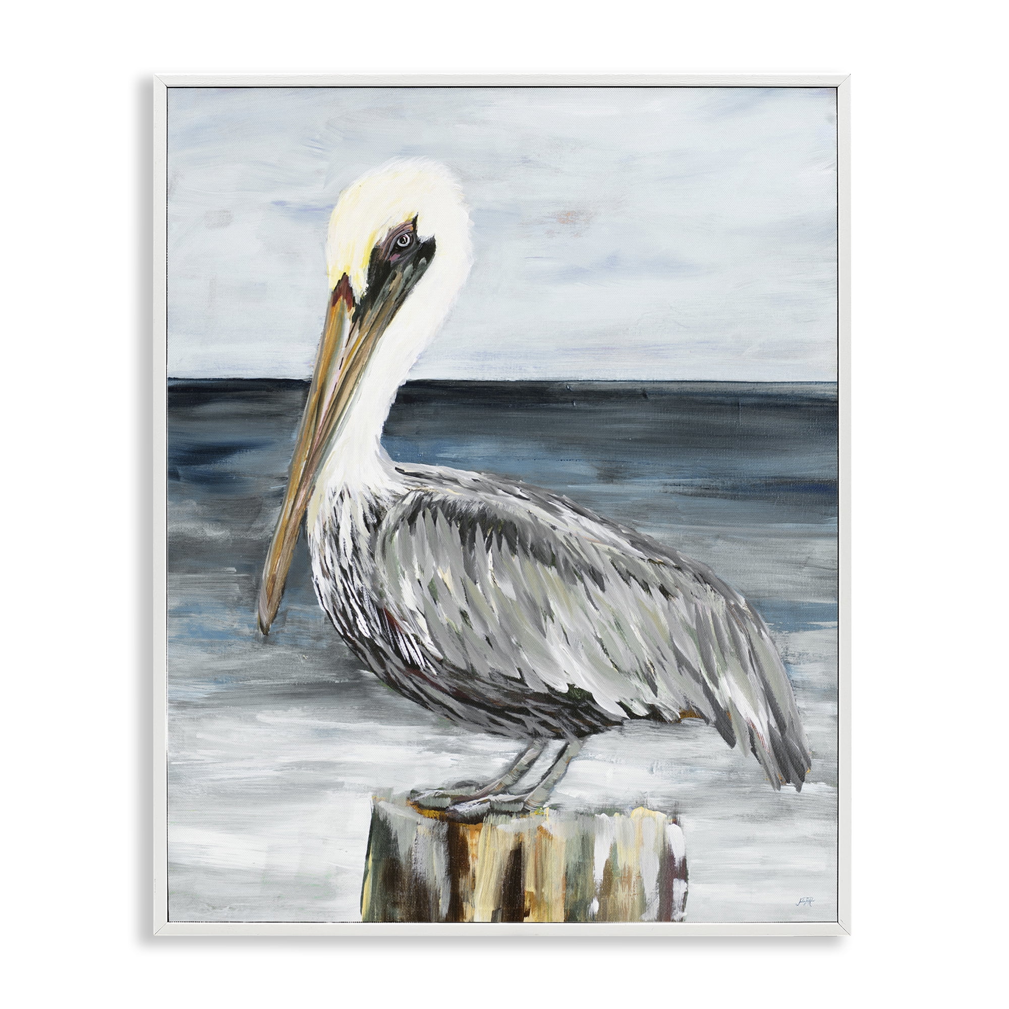 Stupell Industries Peaceful Beach Pelican Animals & Insects Painting White Framed Art Print Wall Art, 16 x 20