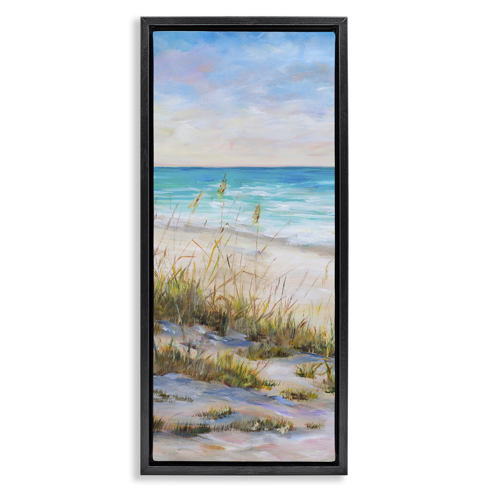 Stupell Industries Peaceful Beach Reeds Landscape Painting Black Floater Framed Canvas Art Print Wall Art, 15 x 31