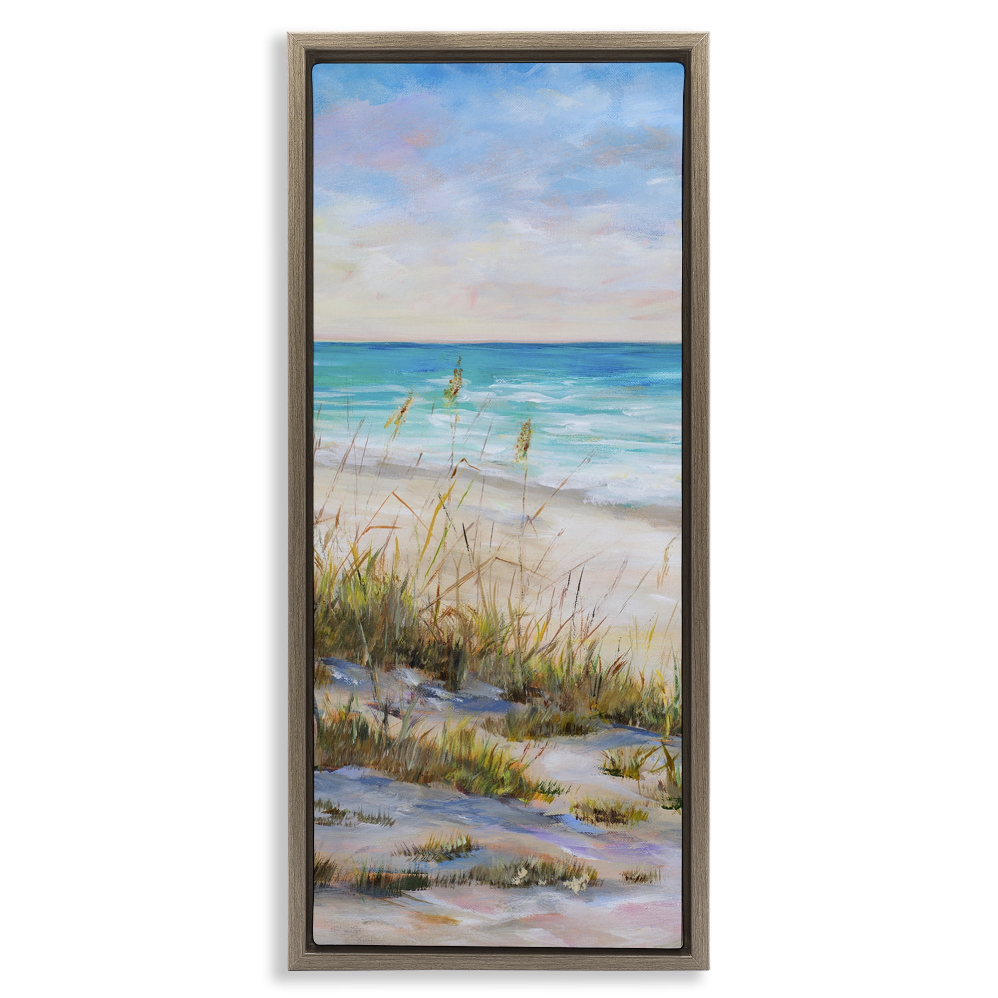 Stupell Industries Peaceful Beach Reeds Landscape Painting Brown Floater Framed Canvas Art Print Wall Art, 11 x 25