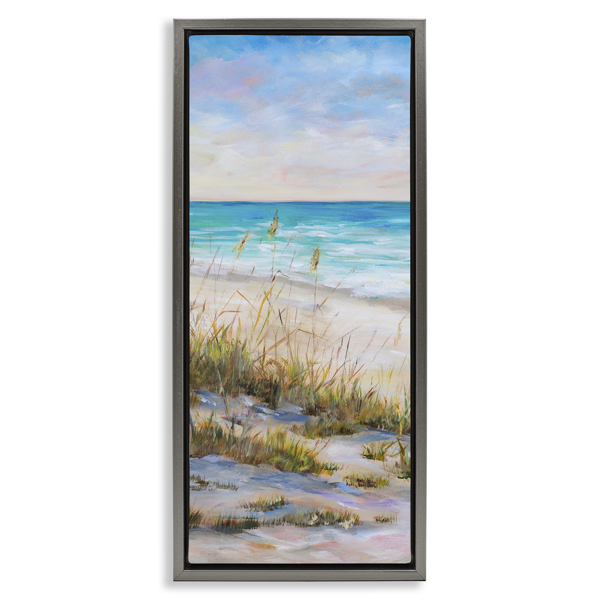 Stupell Industries Peaceful Beach Reeds Landscape Painting Gray Floater Framed Canvas Art Print Wall Art, 15 x 31