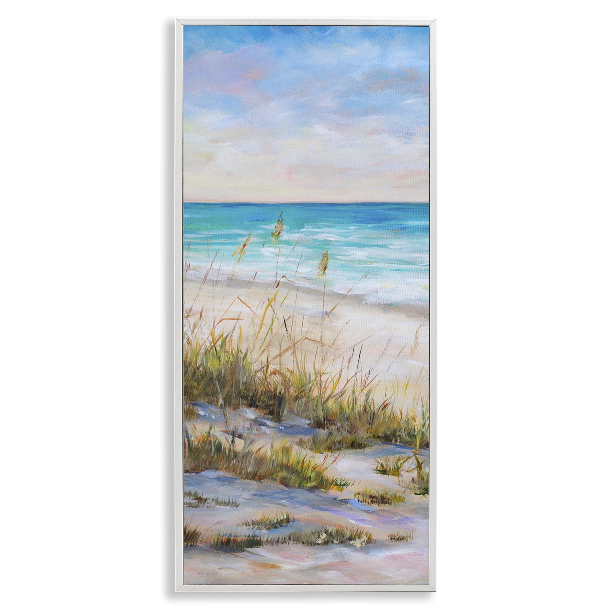 Stupell Industries Peaceful Beach Reeds Landscape Painting White Framed Art Print Wall Art, 10 x 24