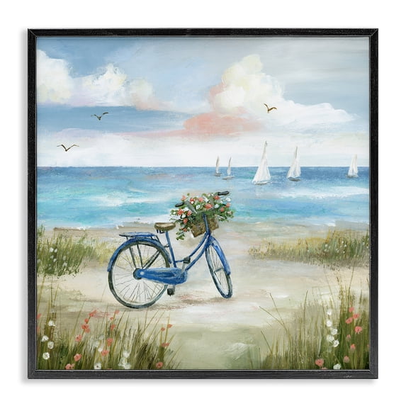 Stupell Industries Coastal Peaceful Bicycle Flower Basket Scenic Ocean Sailboats Black Framed Giclee Art, 12 x 12, by Nan