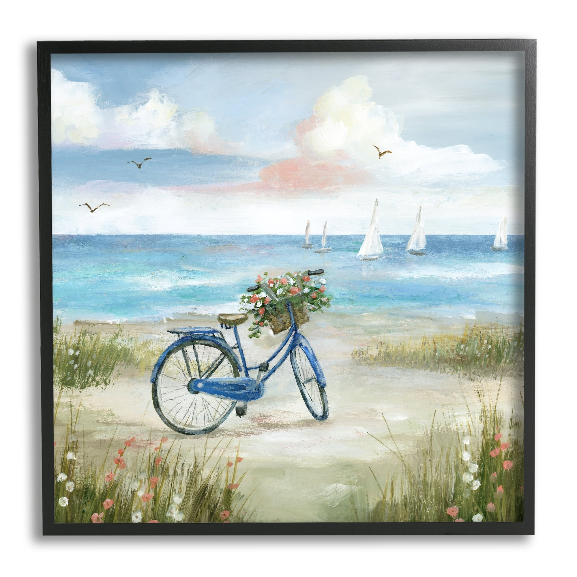 Stupell Industries Peaceful Bicycle Flower Basket Scenic Ocean Sailboats Painting Black Framed Art Print Wall Art, Design by Nan