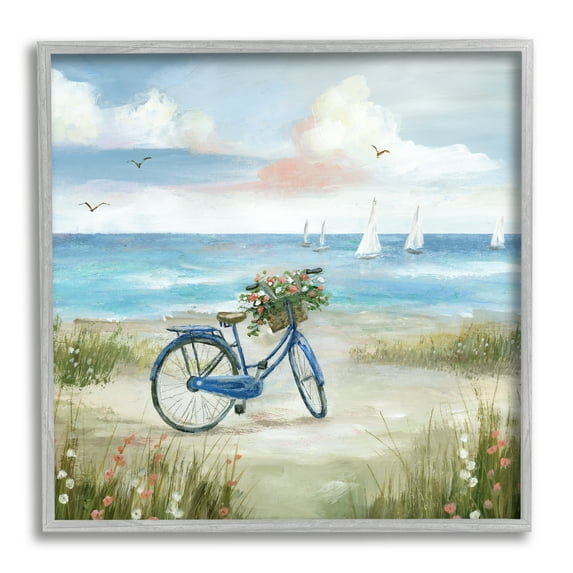 Stupell Industries Peaceful Bicycle Flower Basket Scenic Ocean Sailboats Painting Gray Framed Art Print Wall Art, Design by Nan
