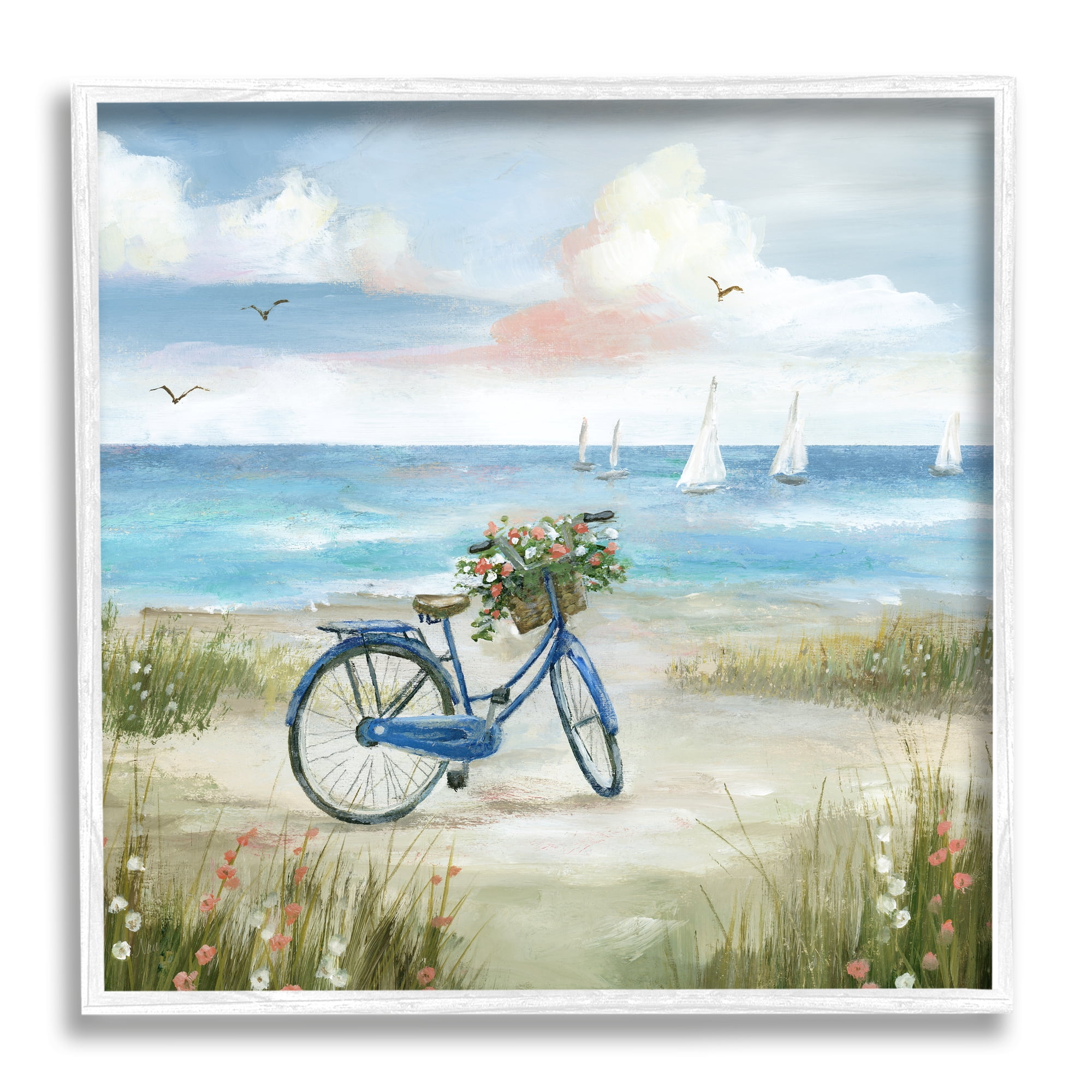 Stupell Industries Peaceful Bicycle Flower Basket Scenic Ocean Sailboats Painting White Framed Art Print Wall Art, Design by Nan