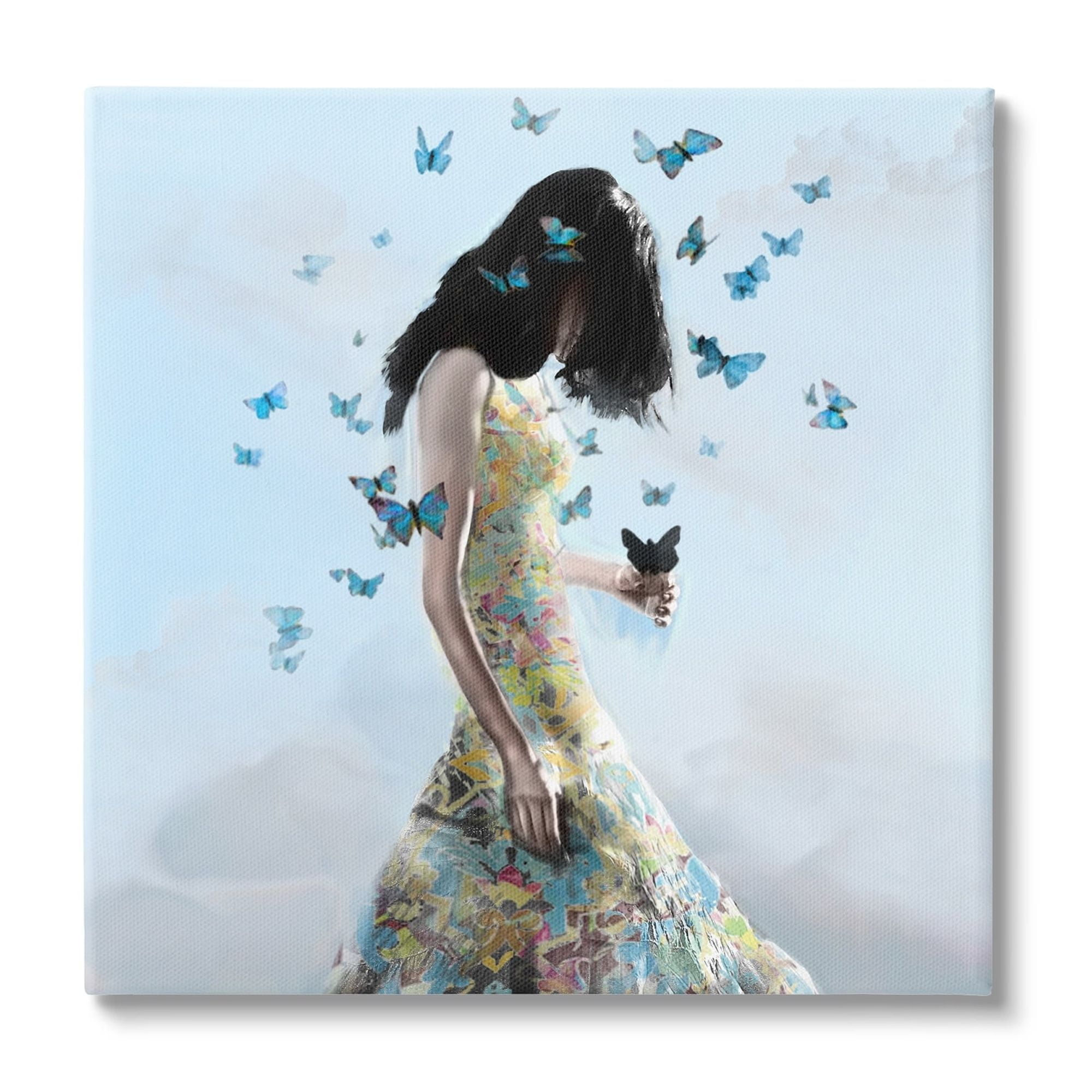 Stupell Industries Peaceful Blue Butterflies Fluttering Woman Gown Dress Canvas Wall Art, 17 x 17, Design by Erika C. Brothers