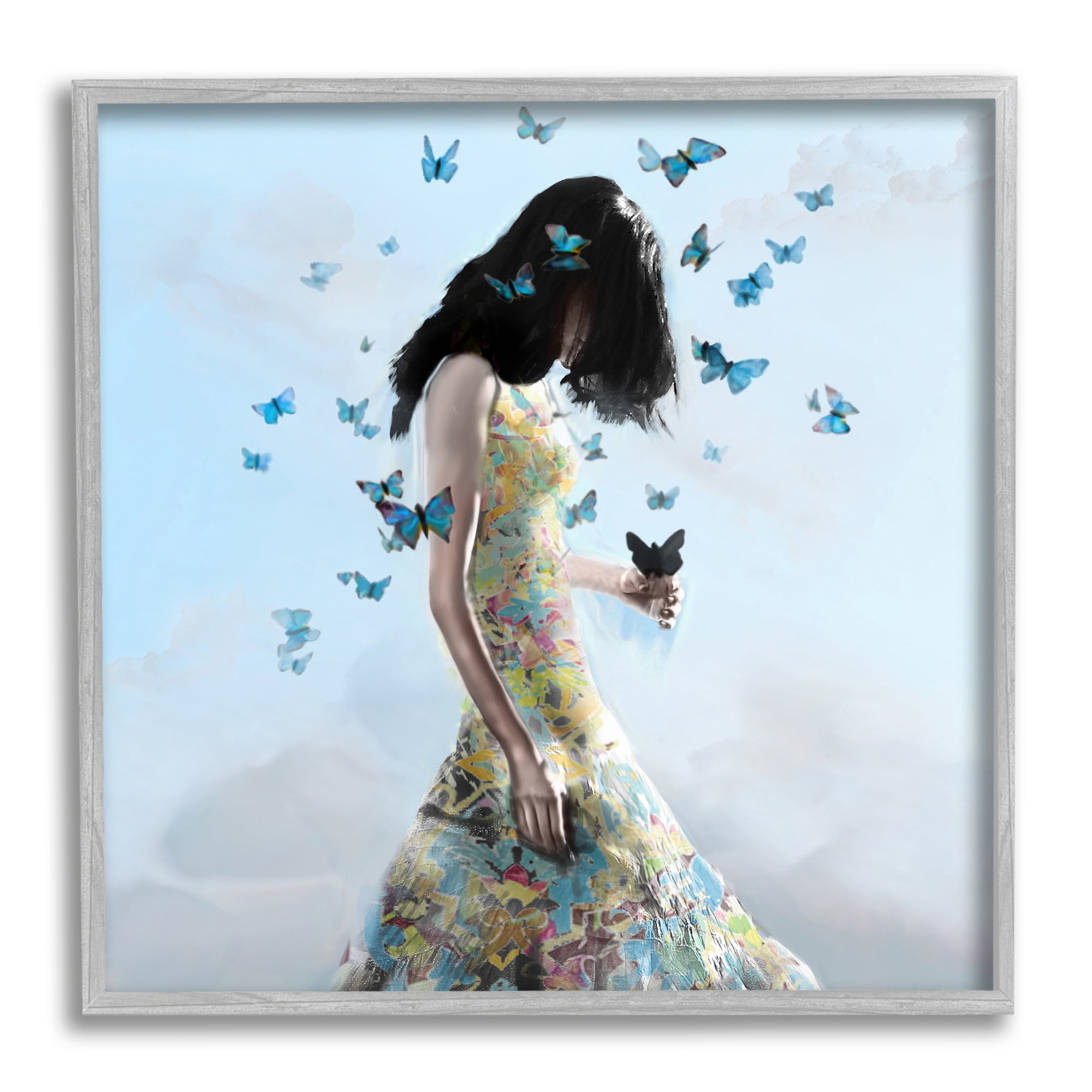 Stupell Industries Peaceful Blue Butterflies Fluttering Woman Gown Dress Framed Wall Art, 12 x 12, Design by Erika C. Brothers