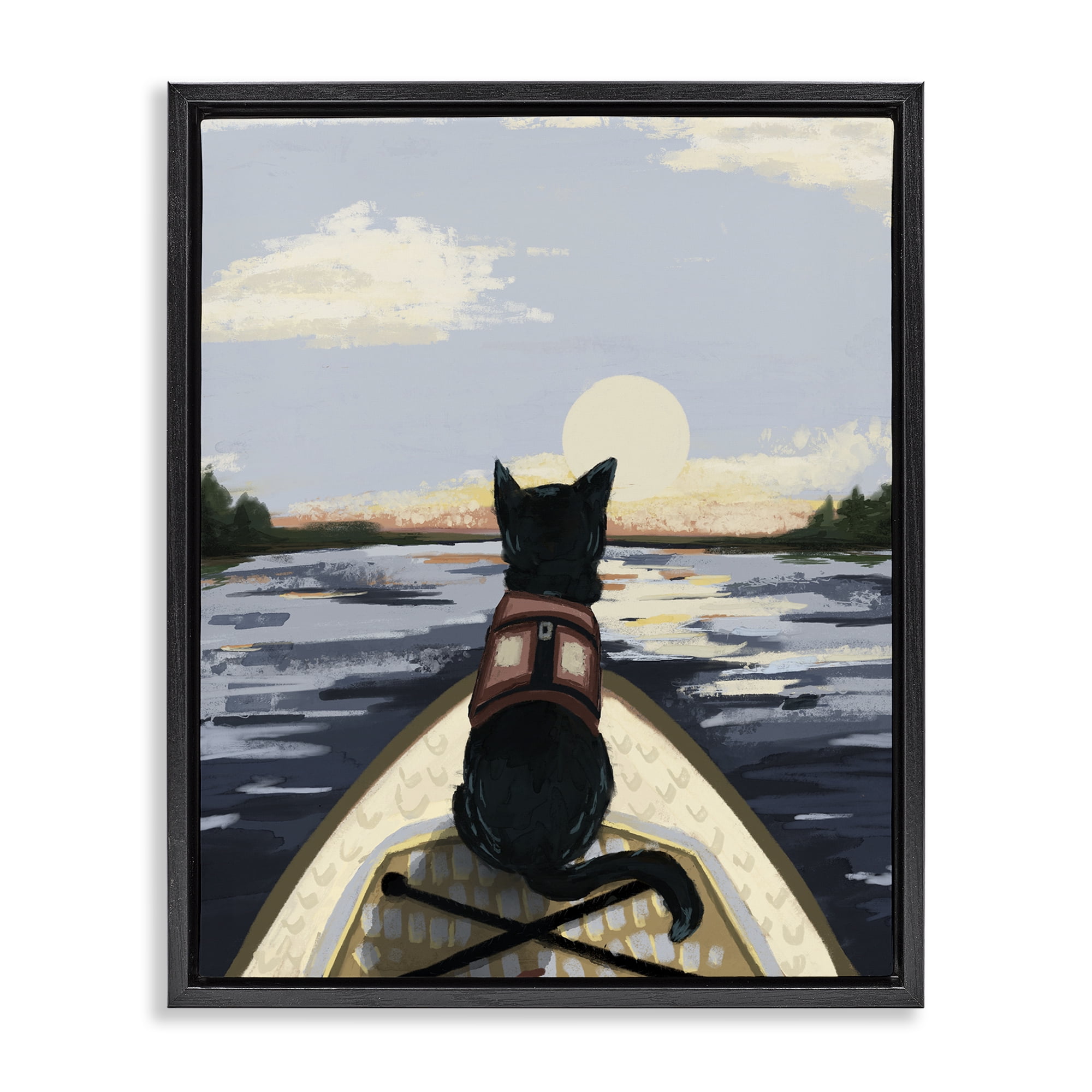 Stupell Industries Peaceful Cat Viewing Lake Black Framed Floater Canvas Wall Art, design by Denise Bartkus