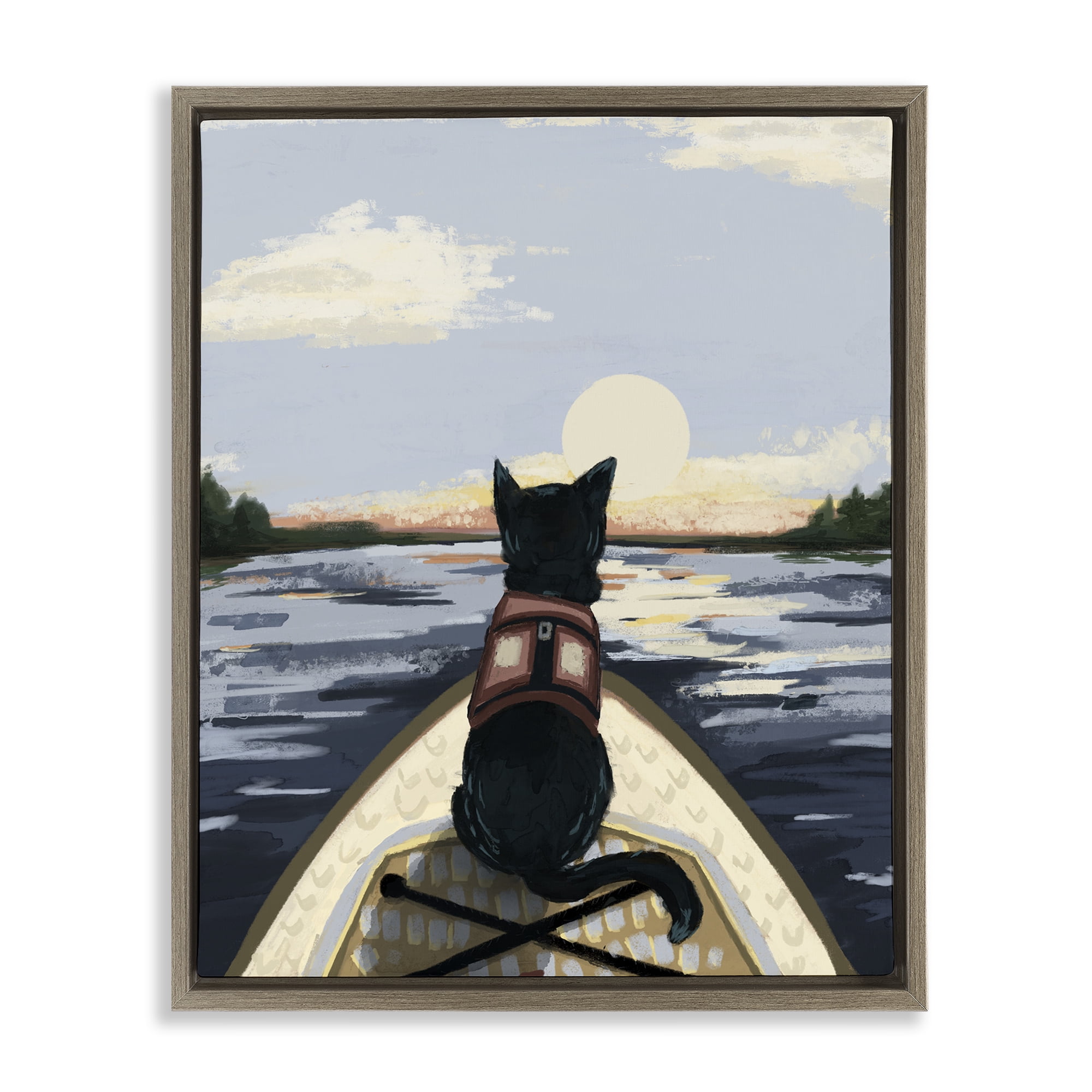 Stupell Industries Peaceful Cat Viewing Lake Brown Framed Floater Canvas Wall Art, design by Denise Bartkus