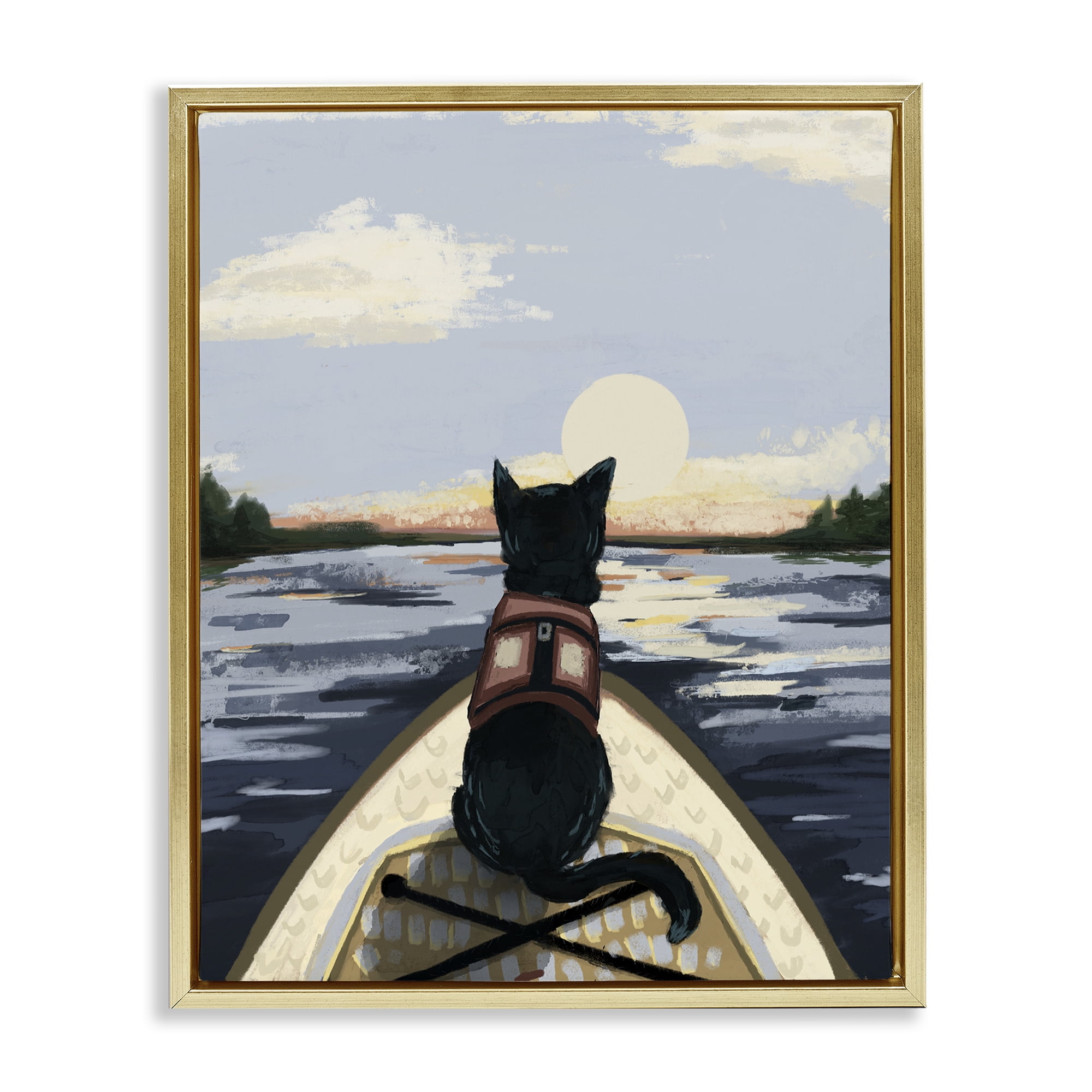Stupell Industries Peaceful Cat Viewing Lake Gold Framed Floater Canvas Wall Art, design by Denise Bartkus