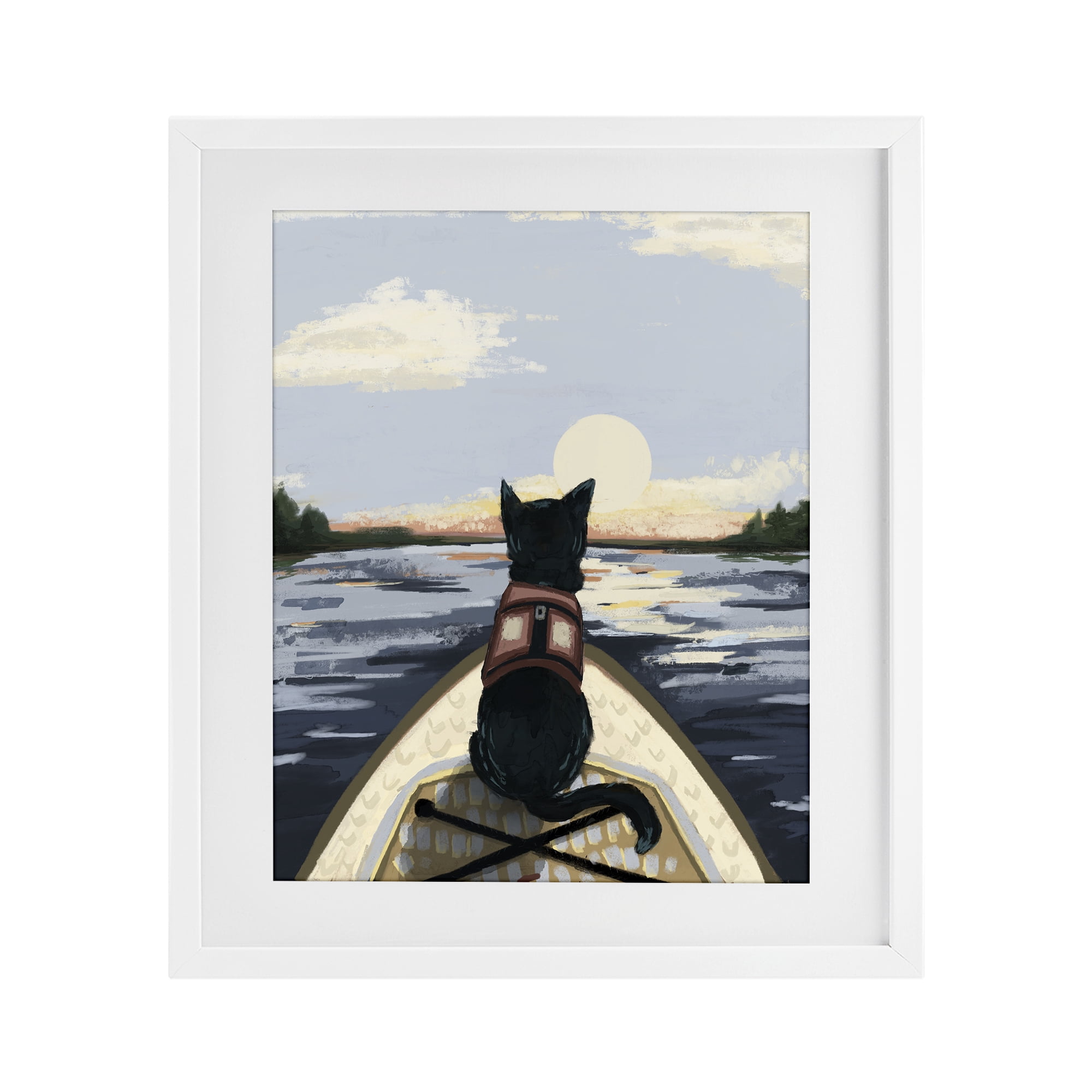 Stupell Industries Peaceful Cat Viewing Lake White Framed Print Under Glass, design by Denise Bartkus